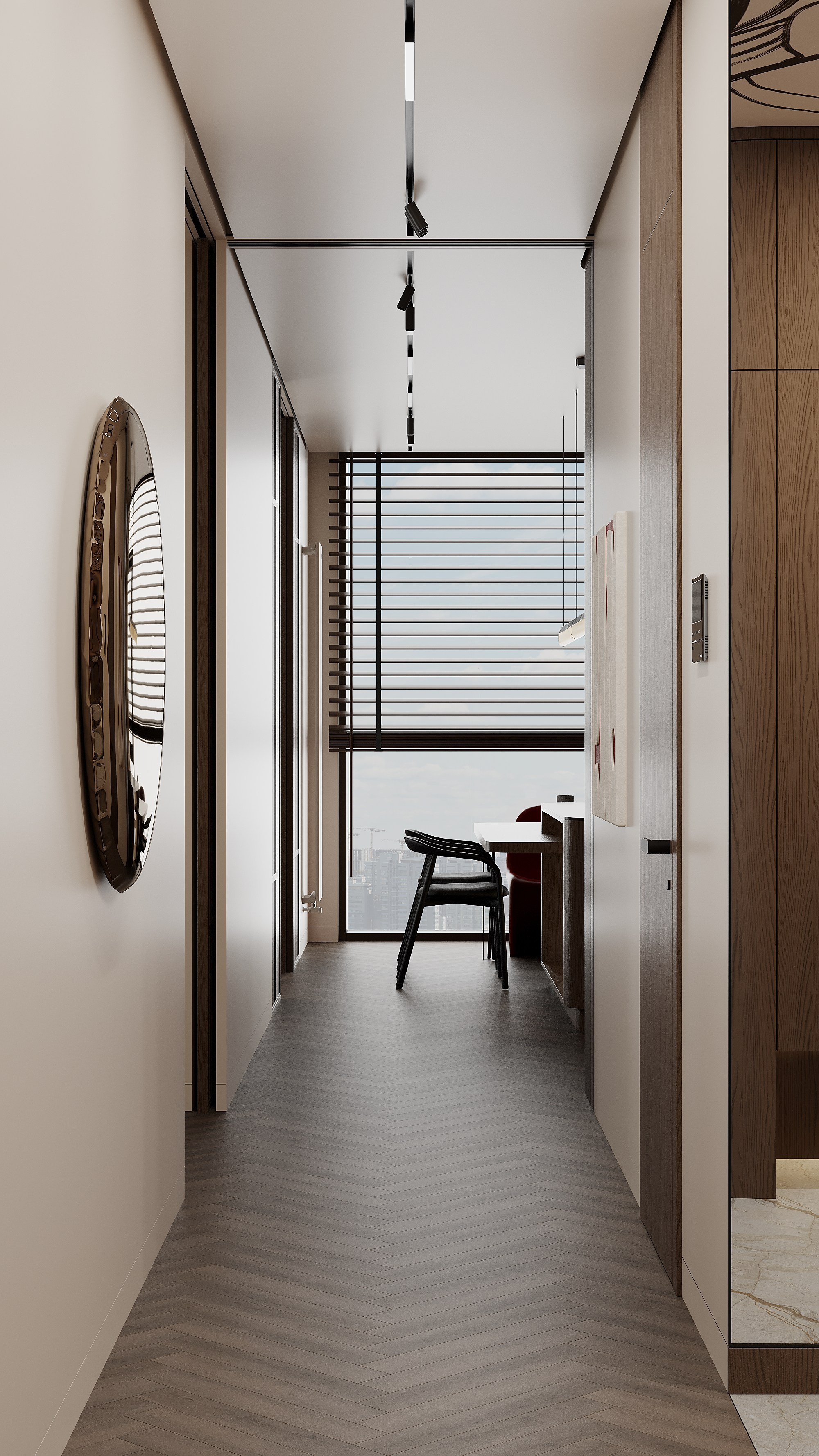 Вид на кухню и кухонный остров с зеркалом  View of the kitchen and kitchen island with mirror