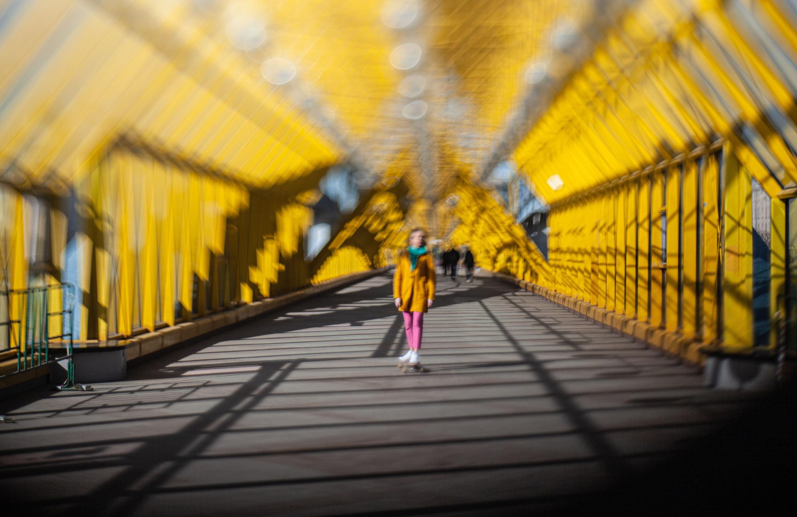 Pushkinskiy (Andreevskiy) Pedestrian Bridge, Moscow, Russia, yellow bridge