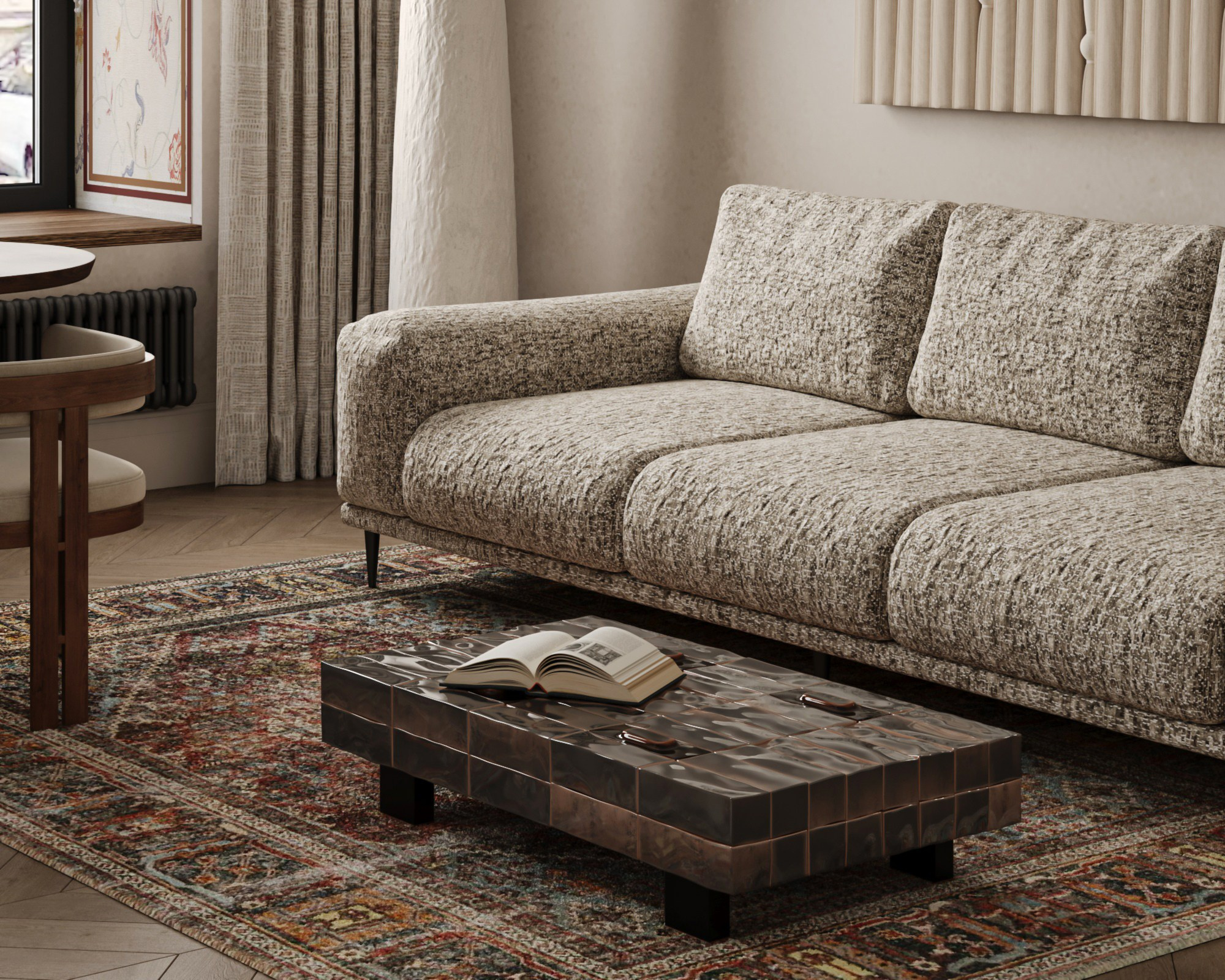 интерьер гостиной с винтажной мебелью и текстилем, квартира на Маяковской