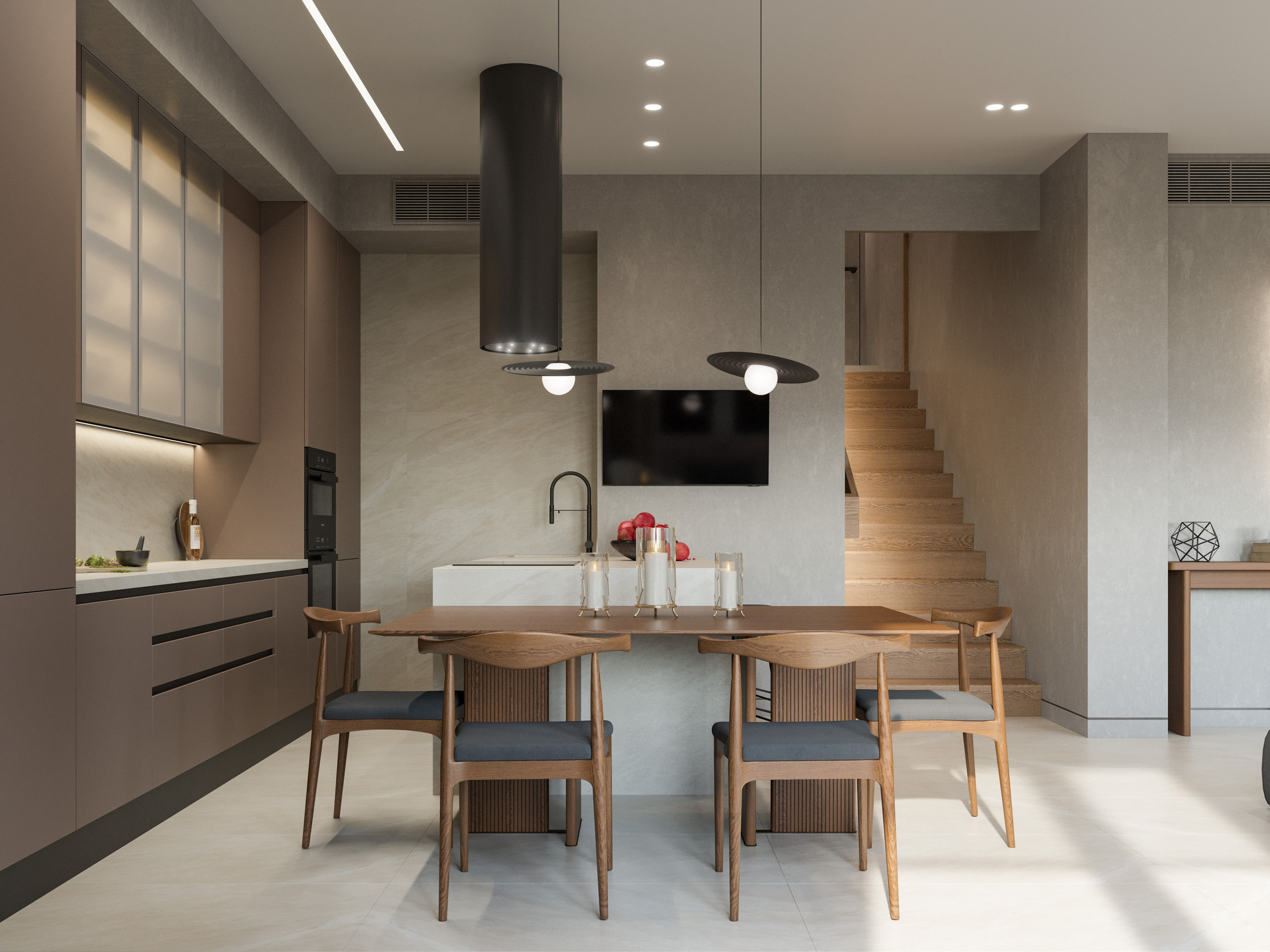 Столовая зона с деревянным столом и стульями в современном интерьере