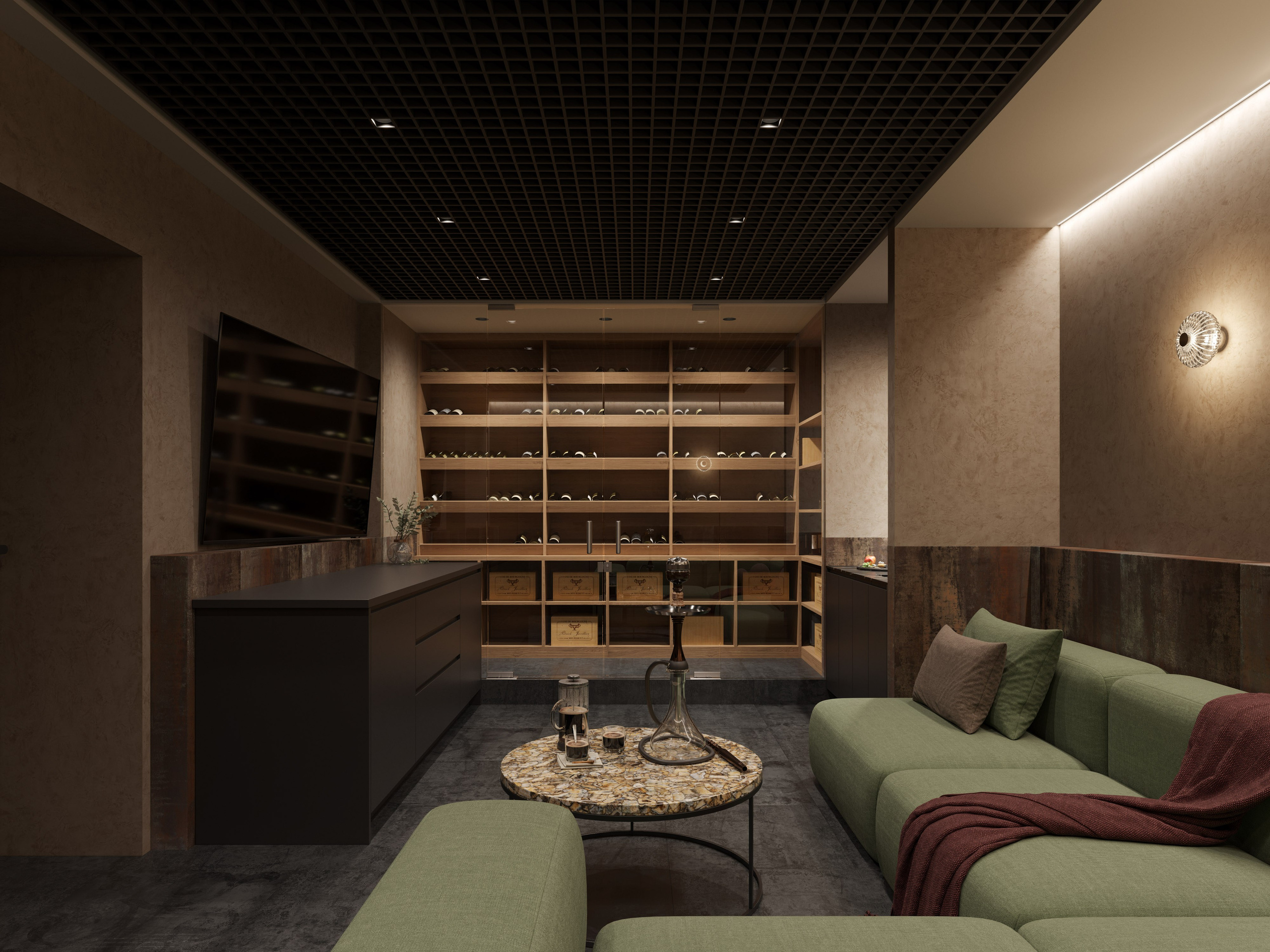 Визуализация комнаты отдыха с винным шкафом 