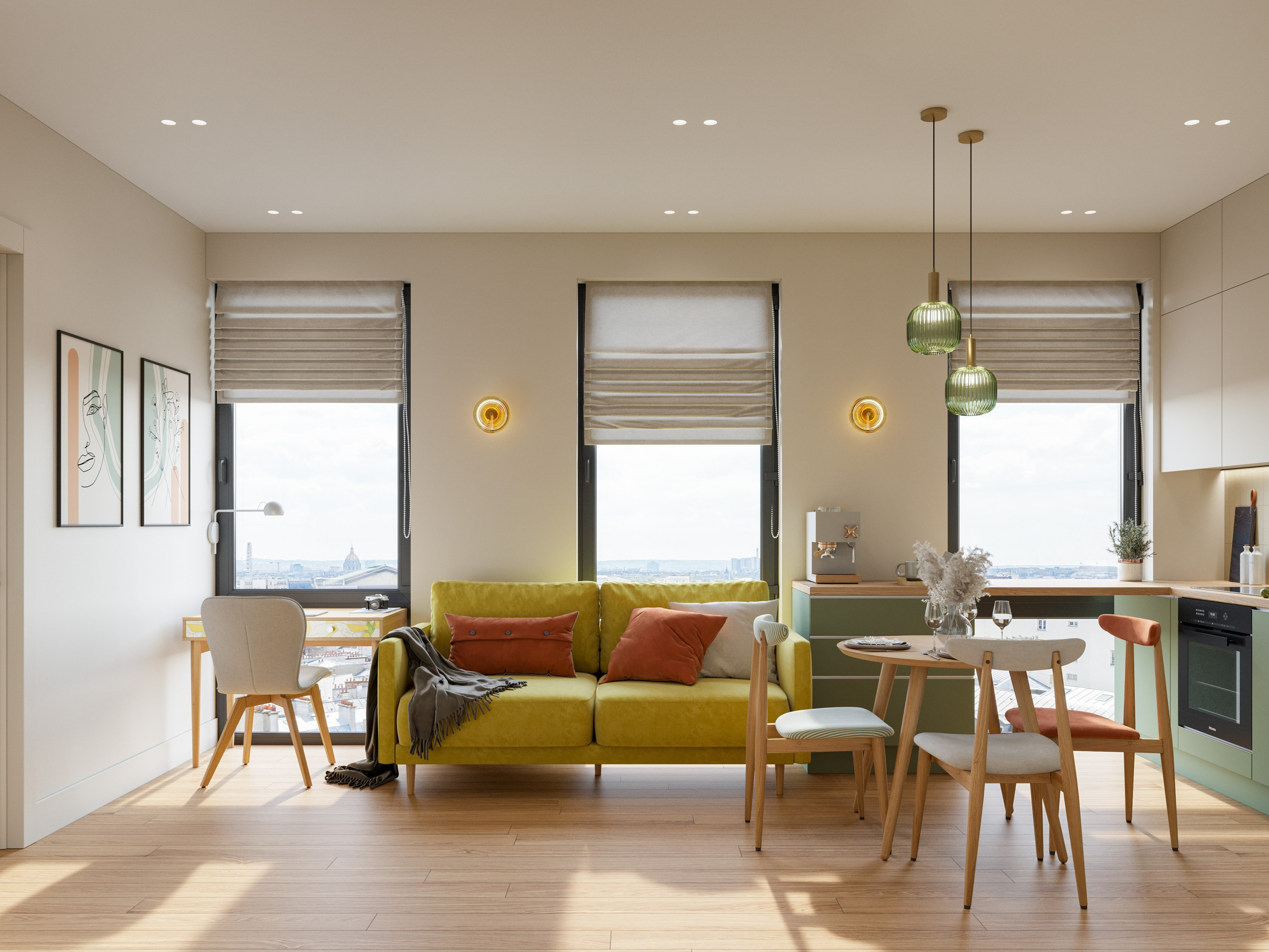 3D визуализация кухни-гостиной в маленькой квартире с желтым диваном и минималистичной мебелью