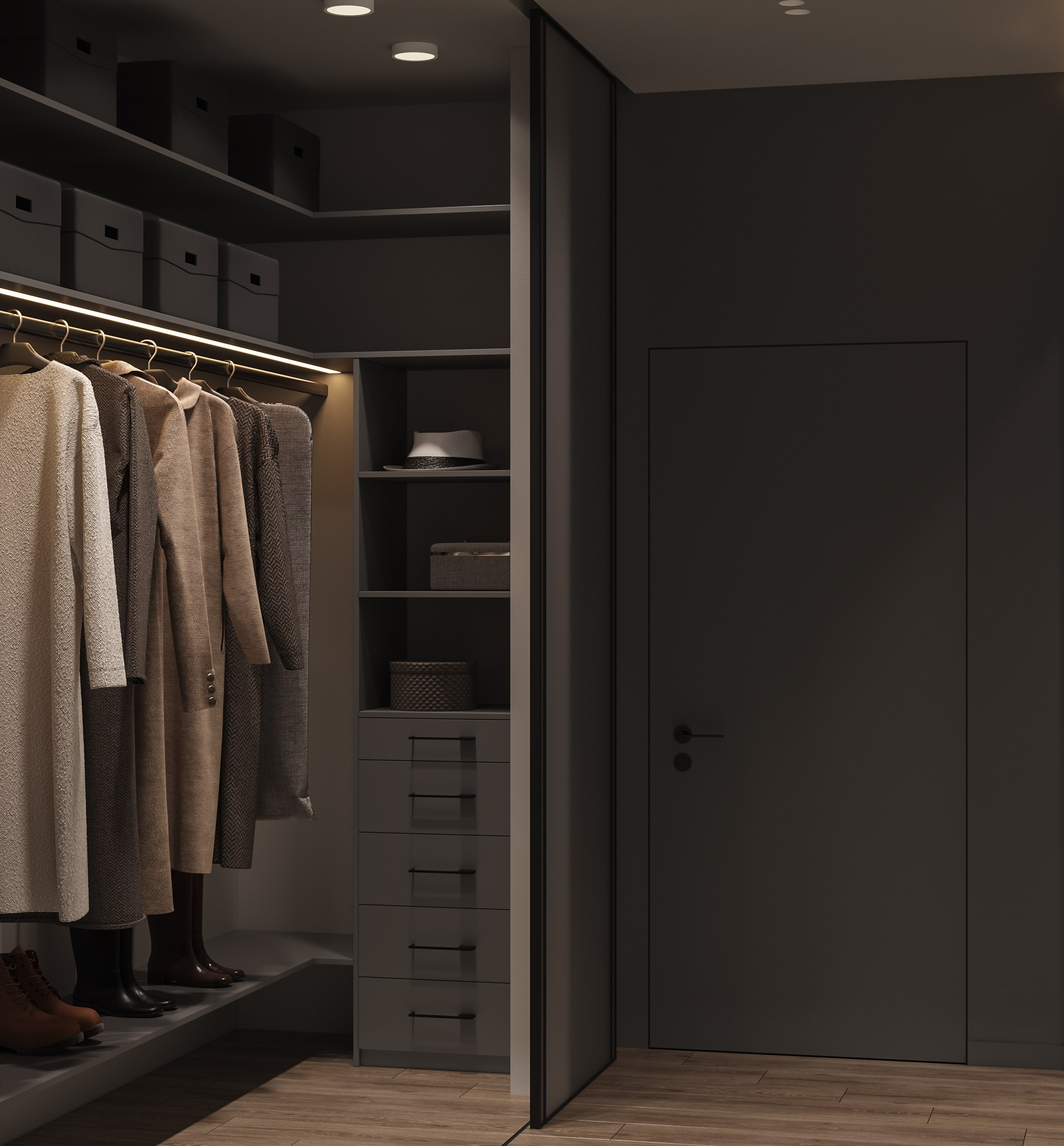 3д визуализация гардероба у прихожей зоны в современном стиле 