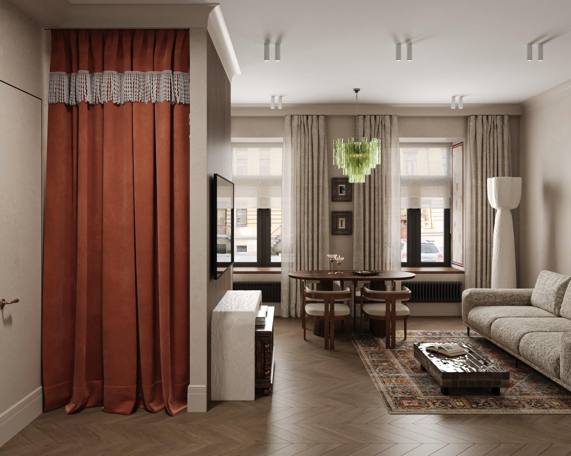 гостиная с люстрой и текстильным декором, авторский дизайн