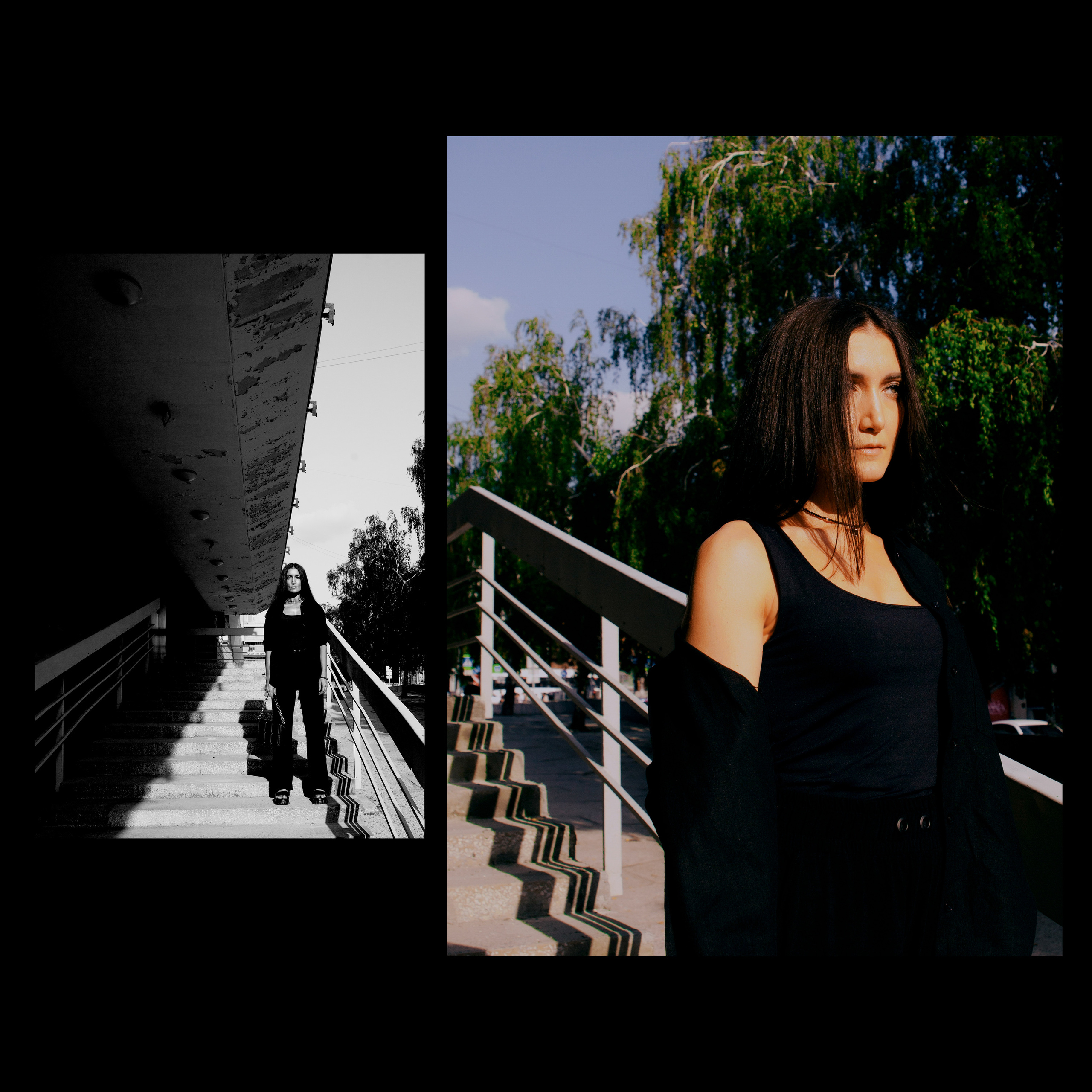 Графичное геометричное черно-белое фото девушки на лестнице.