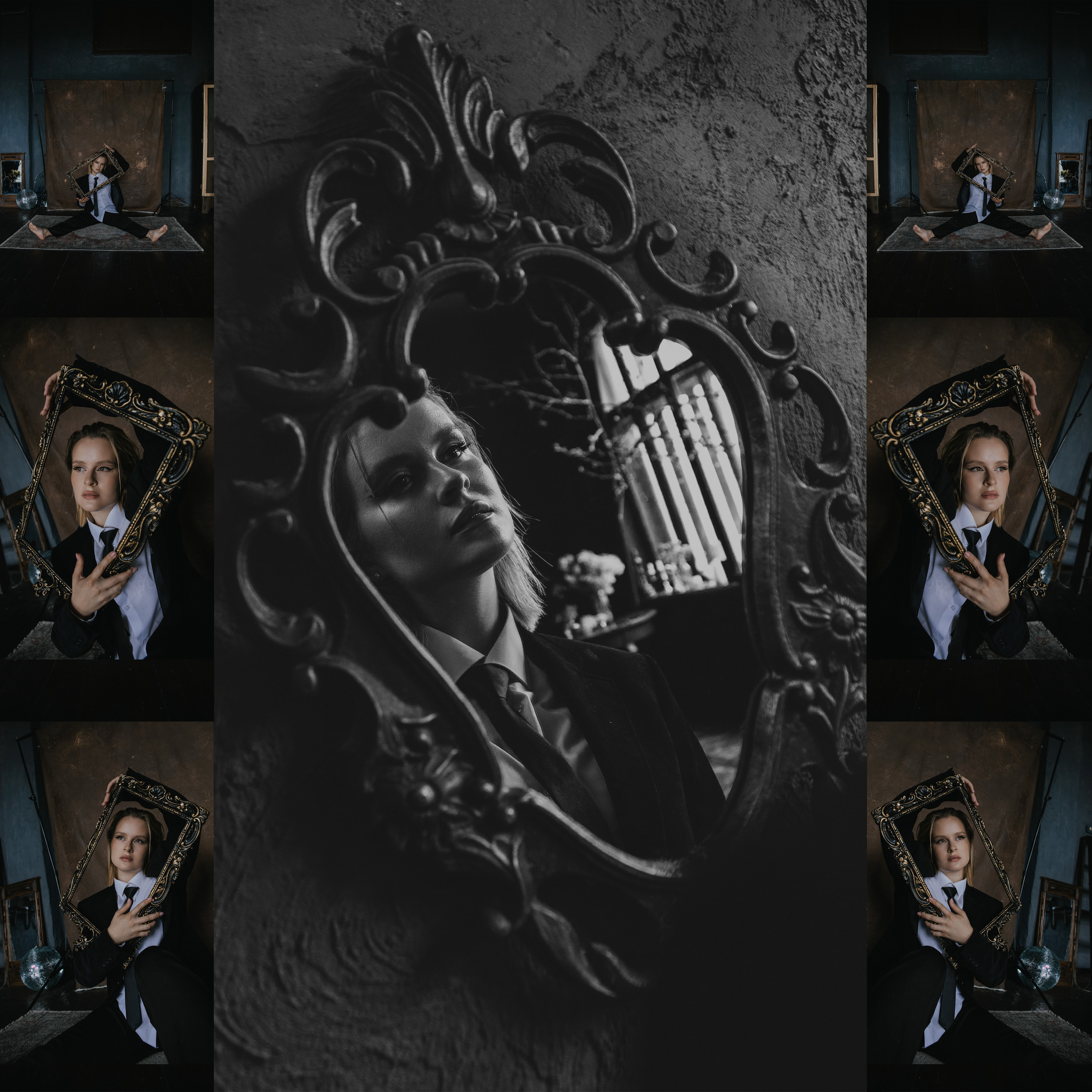 Отражение девушки в старинном зеркале, фото с зеркалом.