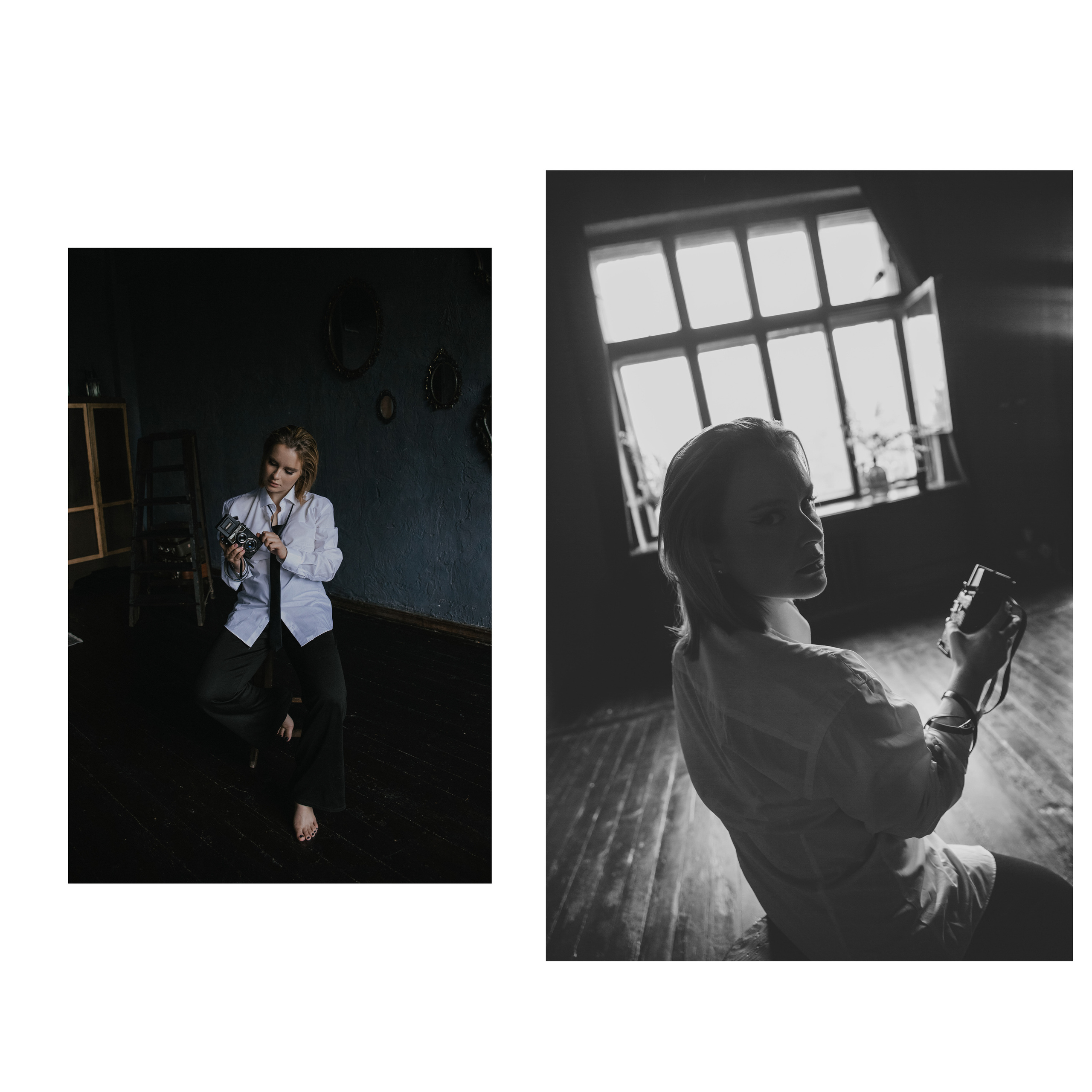 Девушка в белой рубашке со старым фотоаппаратом, черно-белое фото.