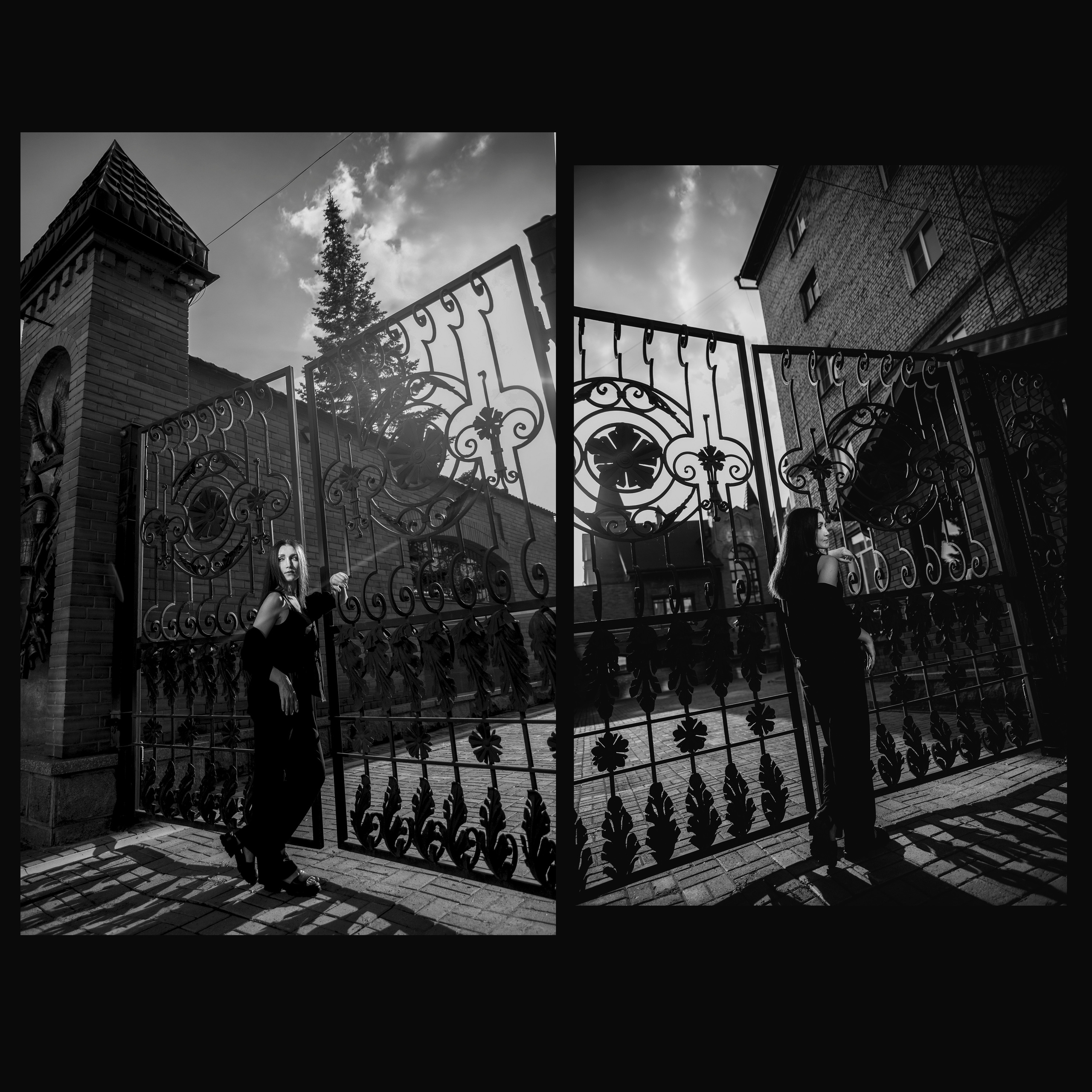 Девушка у кованых железных ворот.