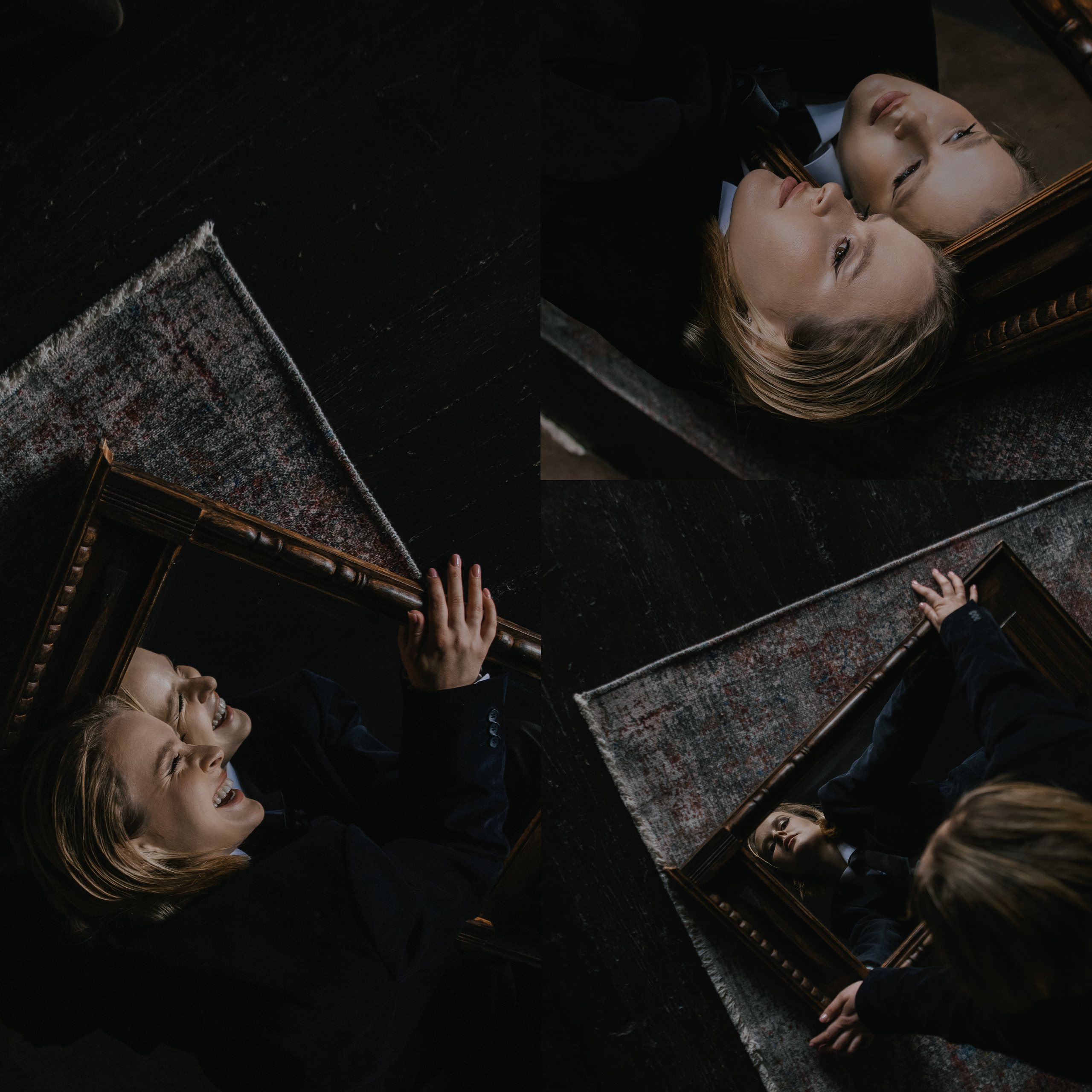 Девушка лежит на ковре.