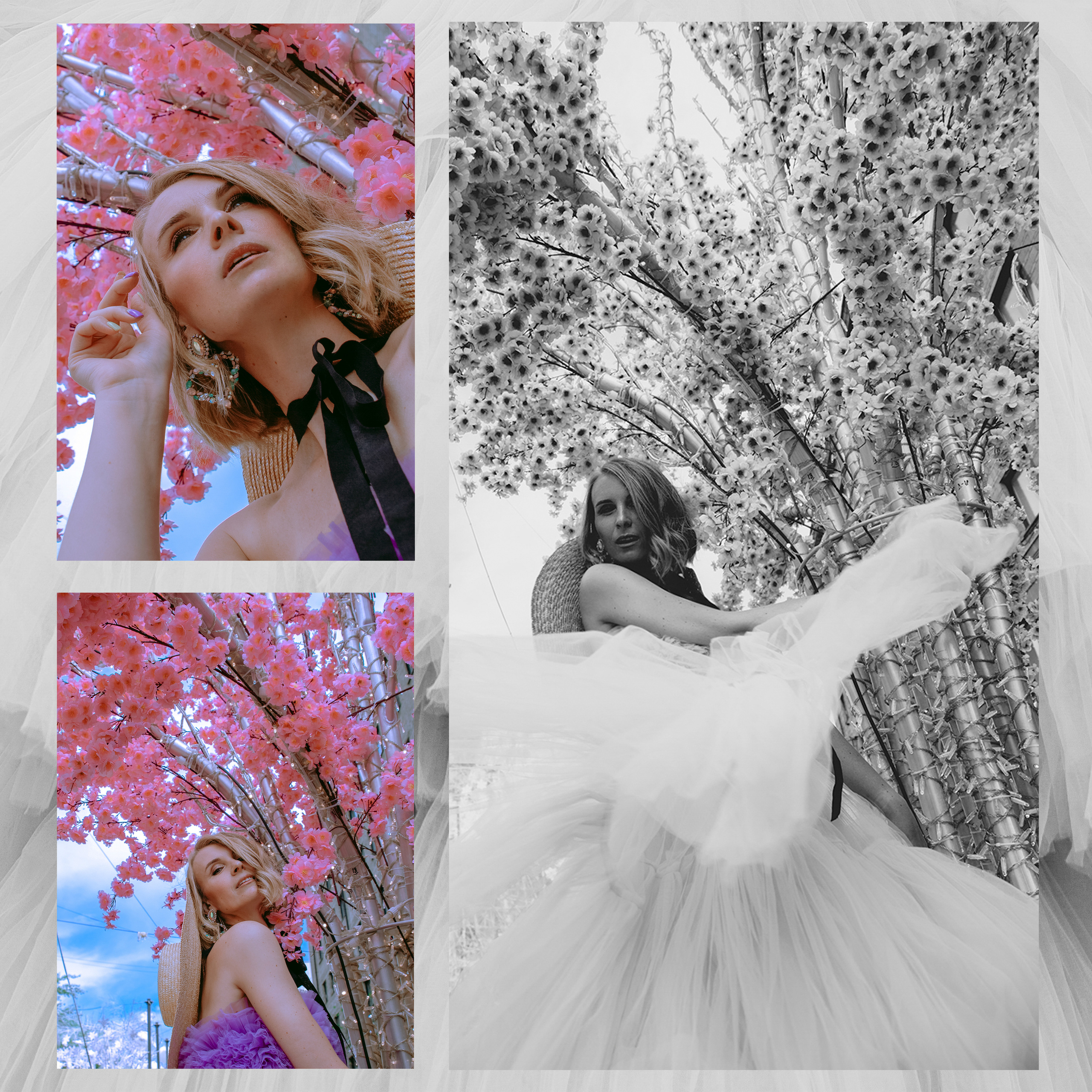 Девушка в белом на фоне розовых цветов.