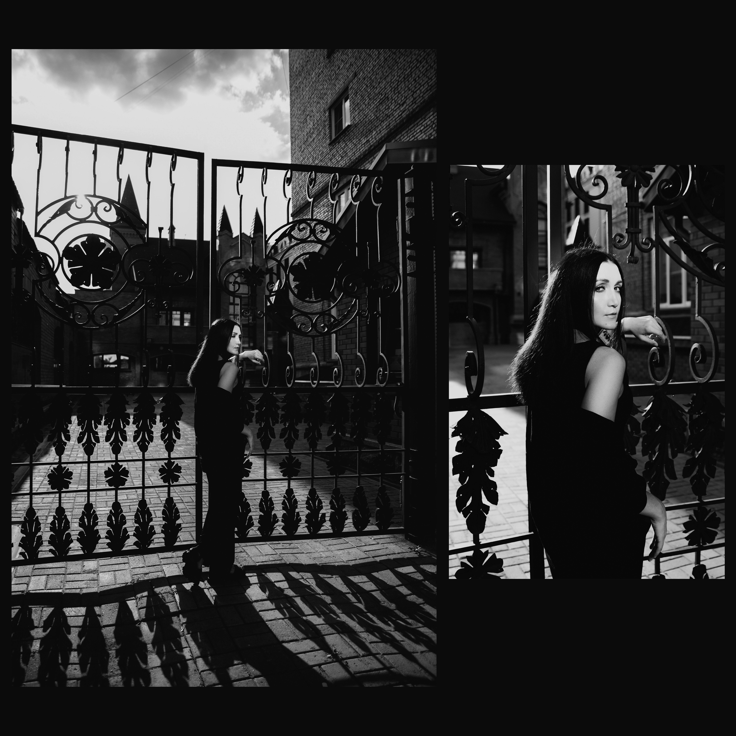 черно-белое фото девушки у кованых ворот в солнечный день и отбрасывает тень, Мортиша Адамс.