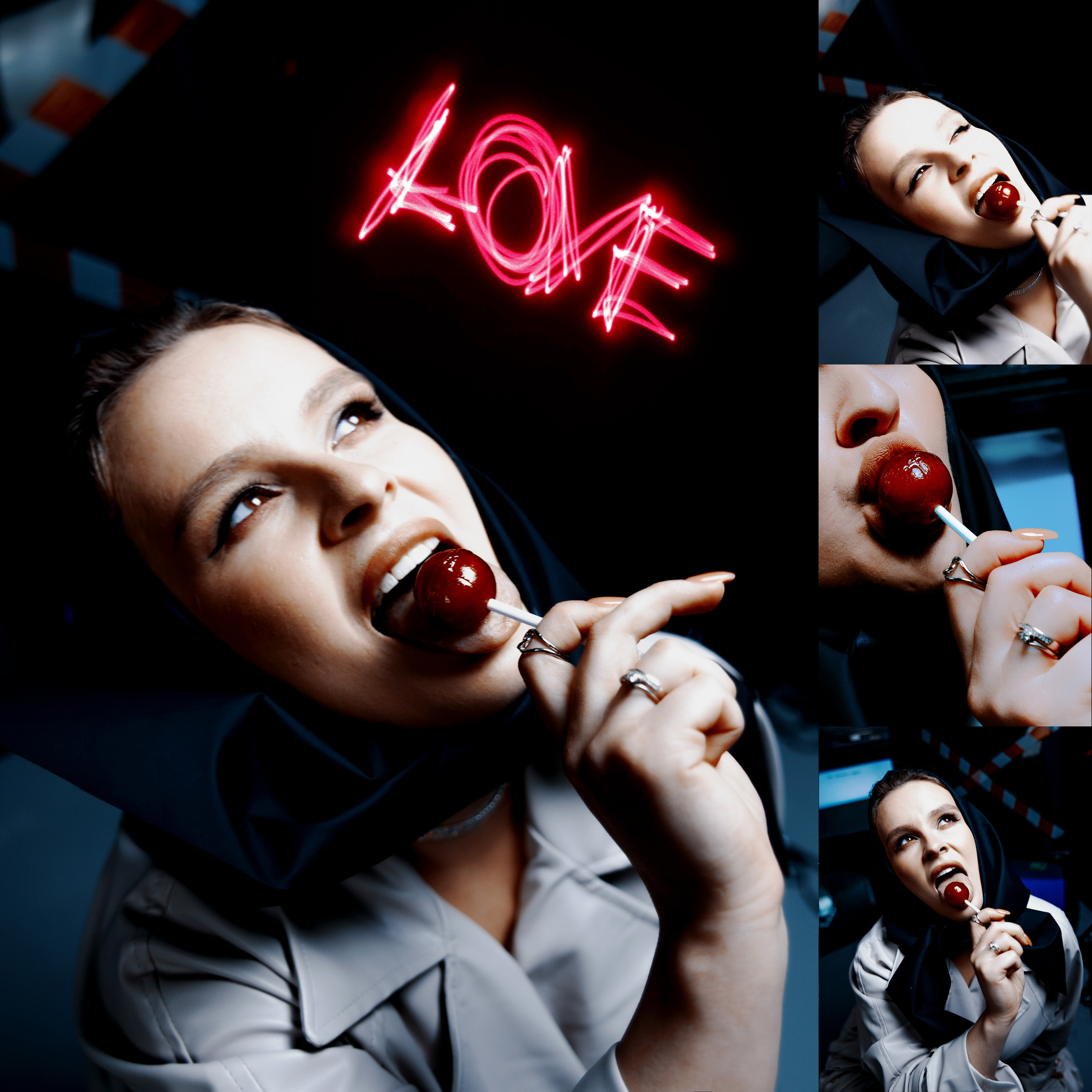 Девушка с чупа-чупсом леденцом смеётся.