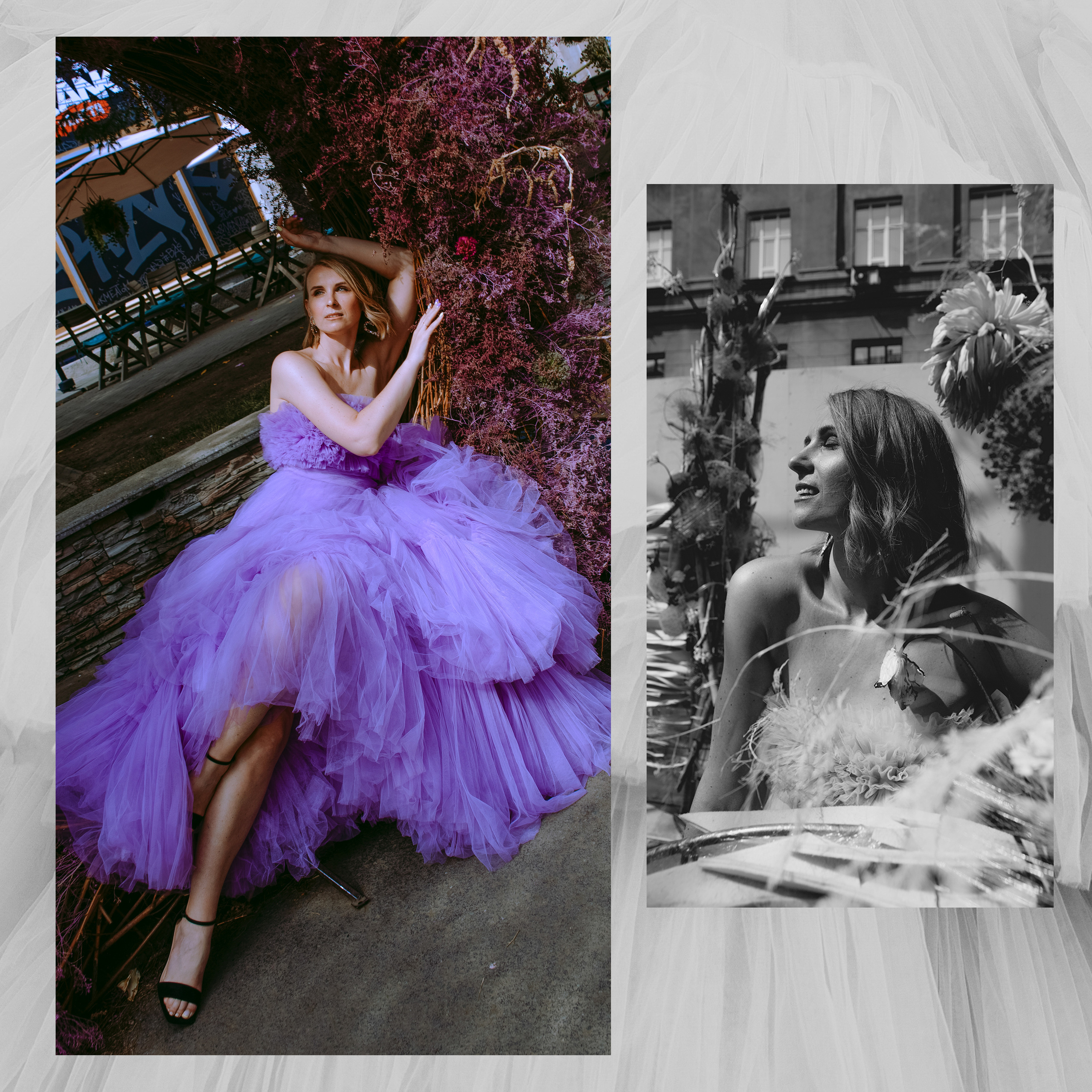 Девушка в бальном сиреневом платье на фоне цветов в саду.