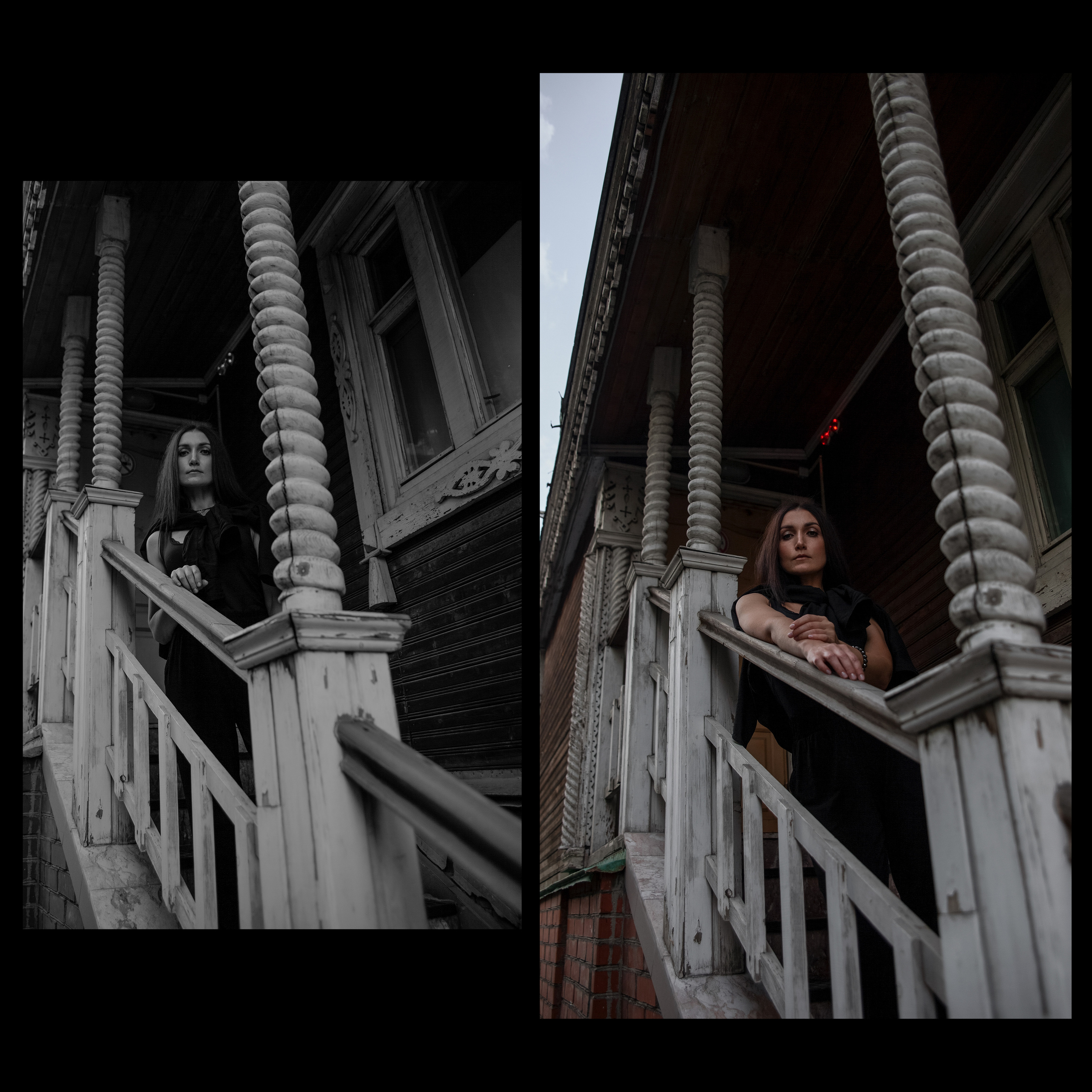 Девушка стоит на крыльце старинного здания с белыми деревянными перилами.