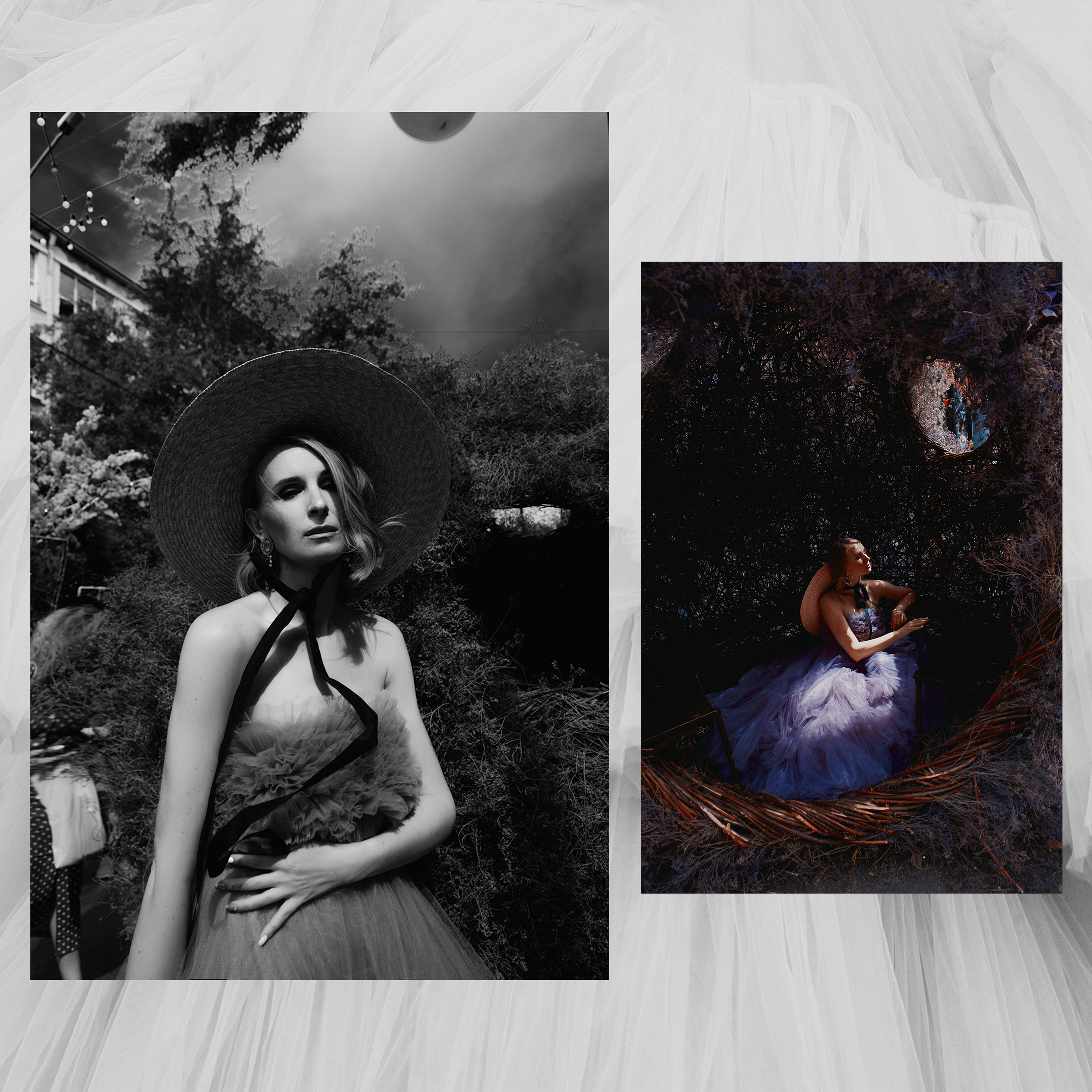 Девушка в бальном платье и шляпе.