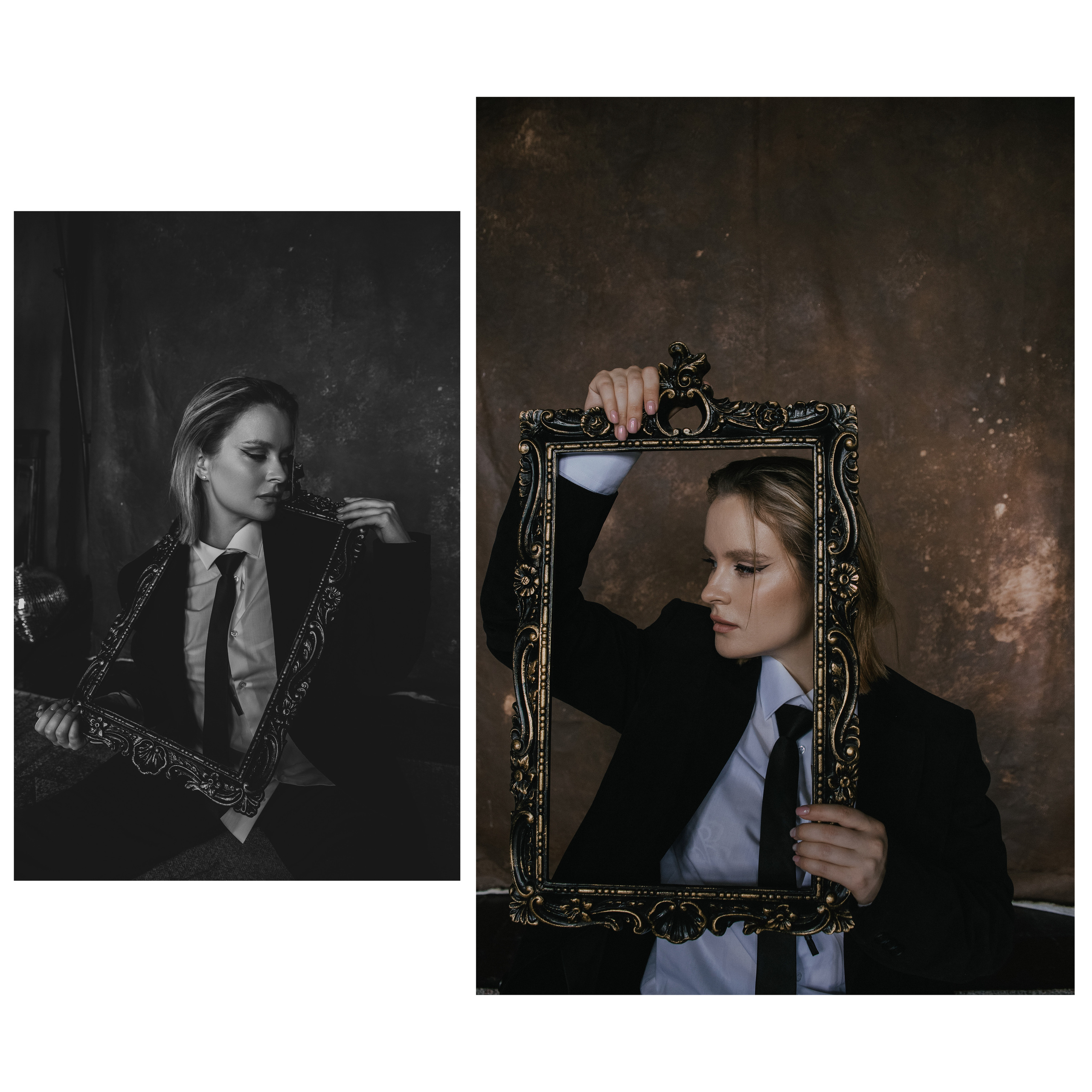 Портрет девушки со старинной рамой в руках, фото через раму.