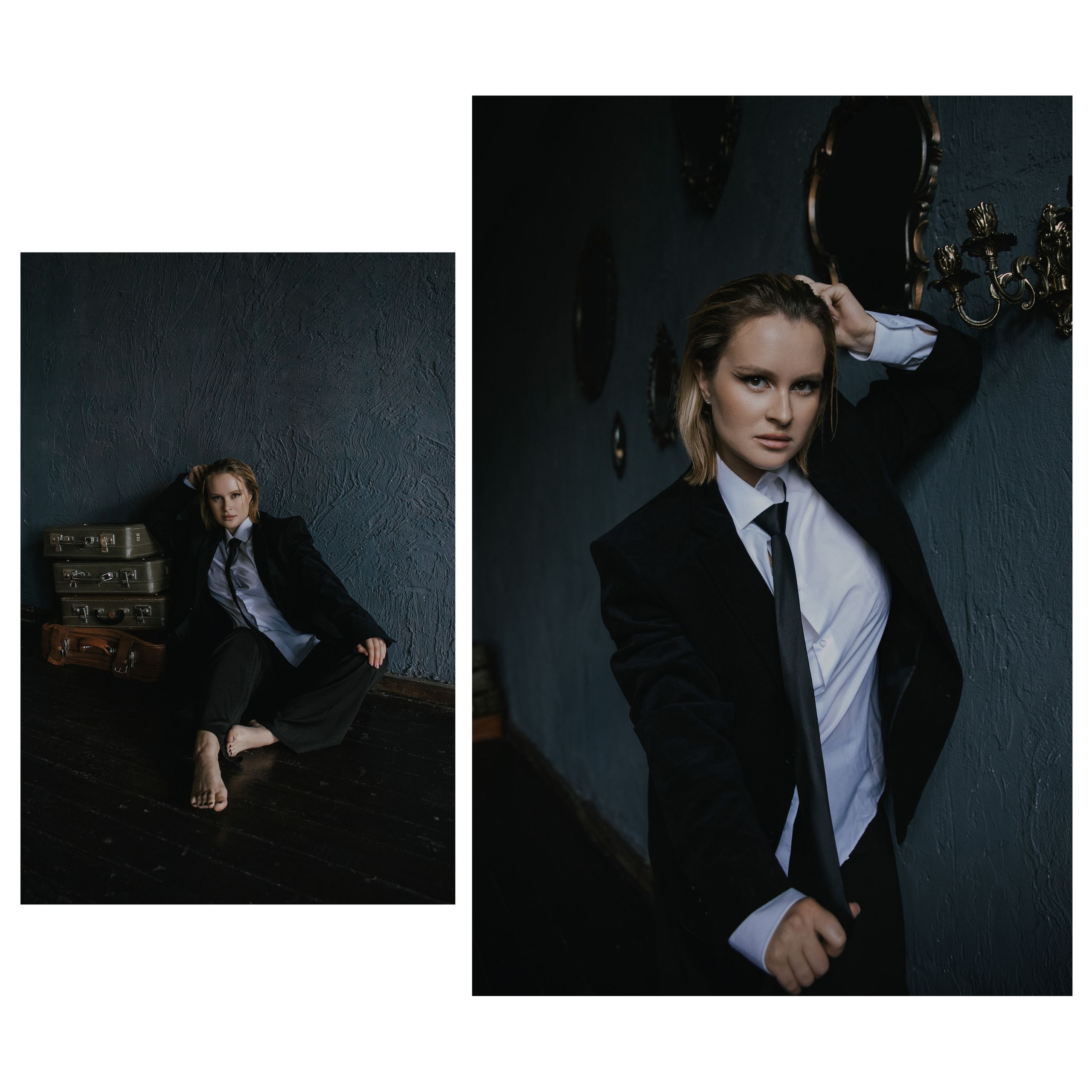 Девушка в смокинге в мужском костюме, ретро стиль.