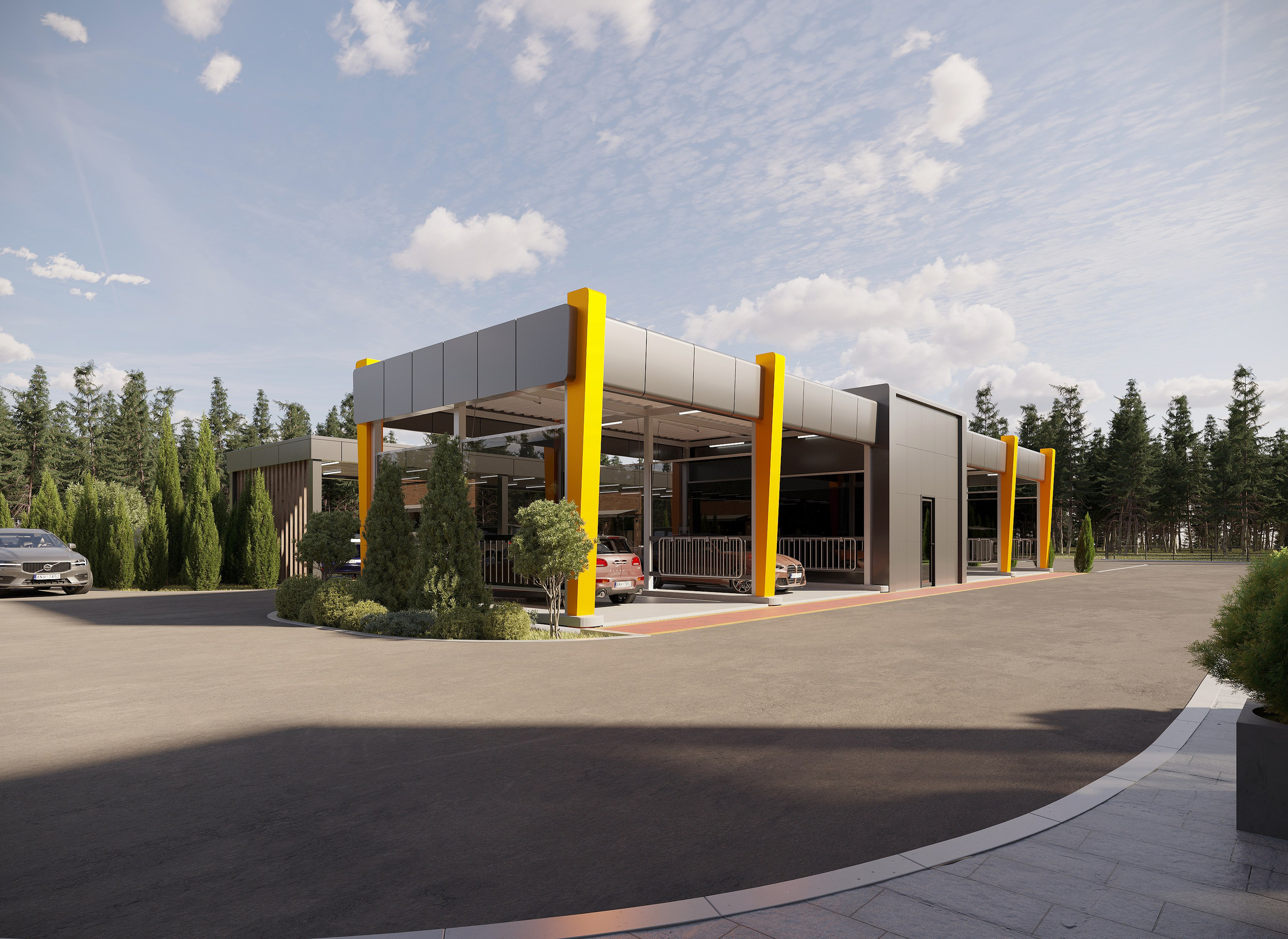 Автомойка, СТО и кафе — комплексная 3D-визуализация с благоустройством. 3Д Визуализация Интерьера и Архитектуры