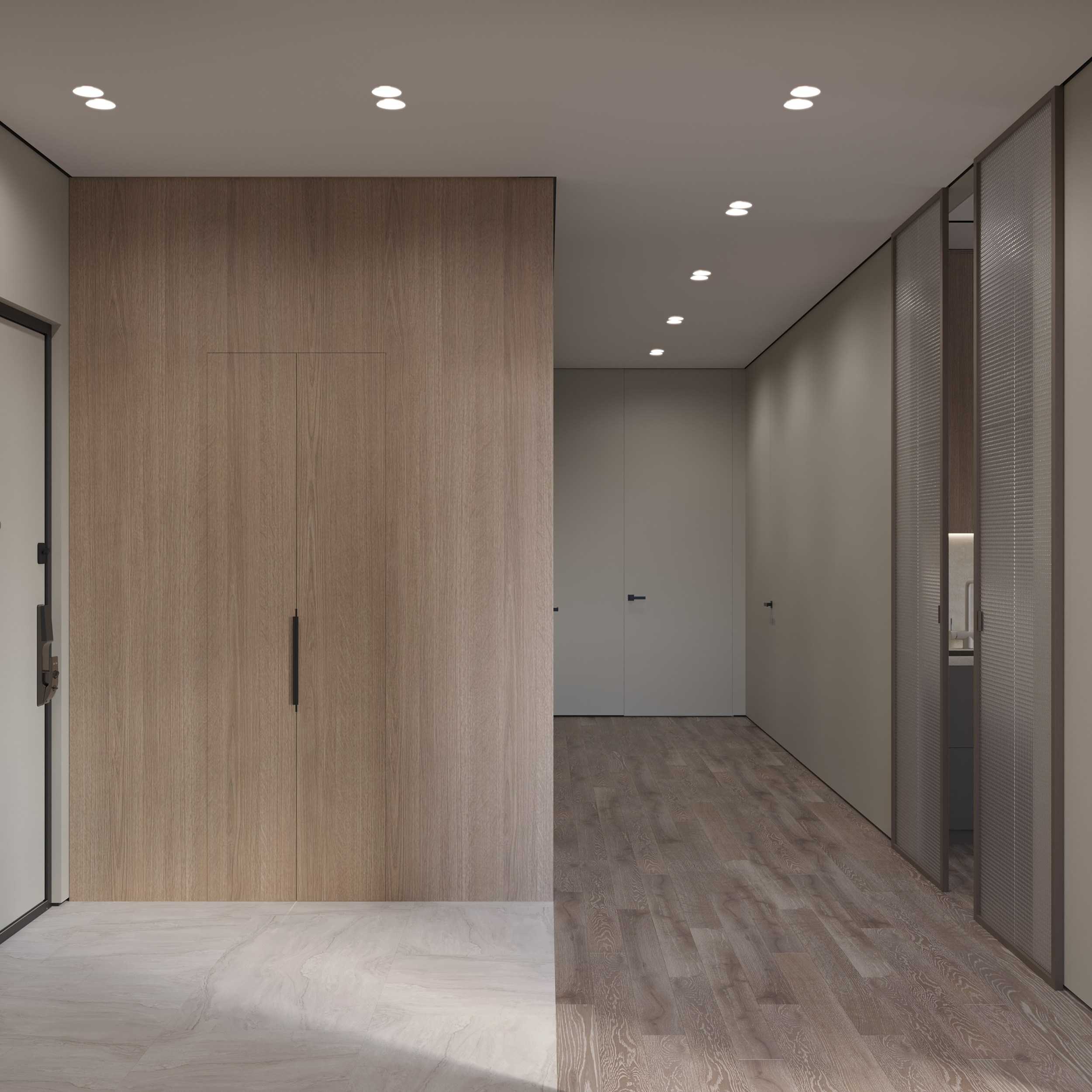 входная зона, прихожая, в современной квартире с гардеробной 