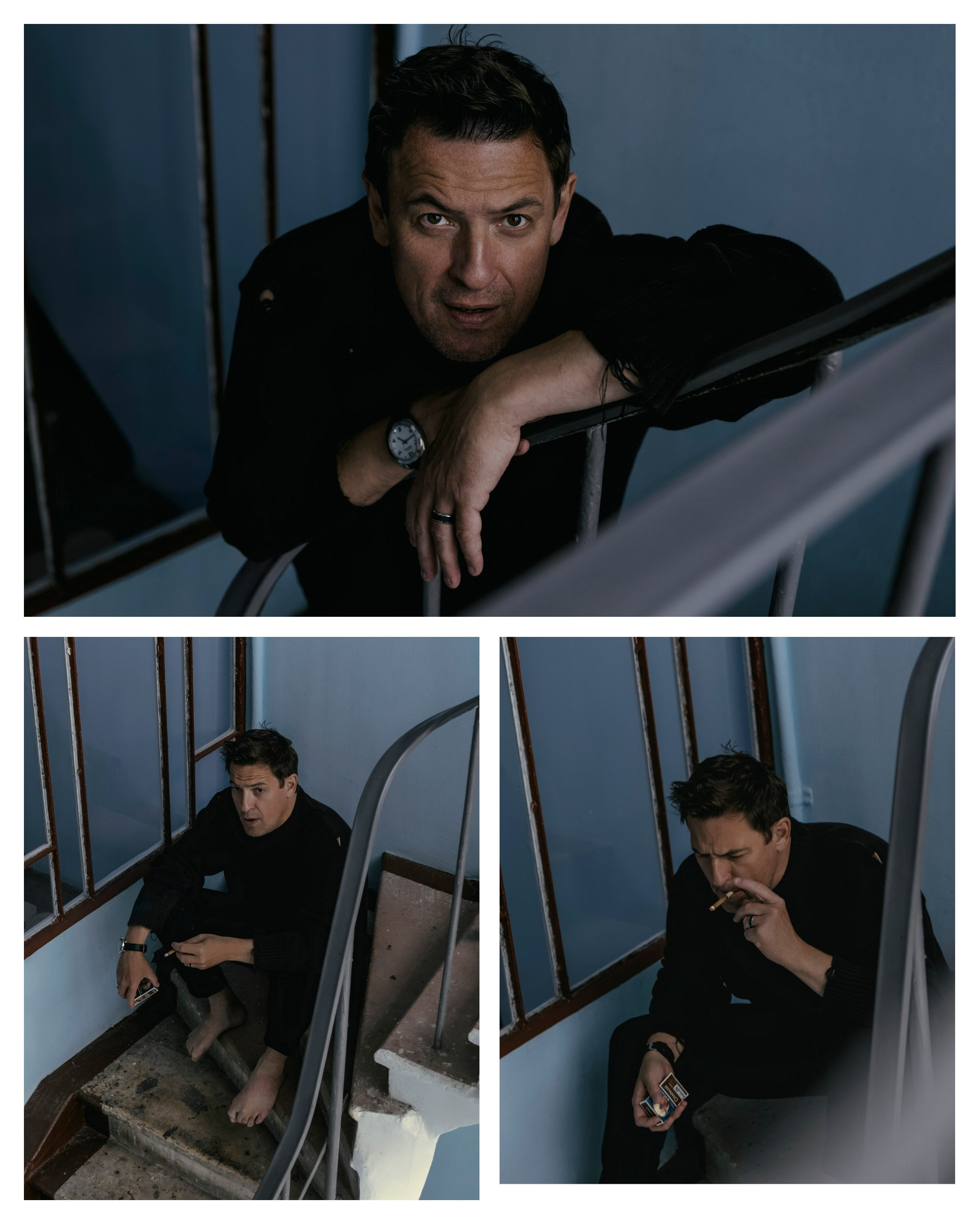 мужчина стоит в подъезде босиком стоит в подъезде на голубом фоне