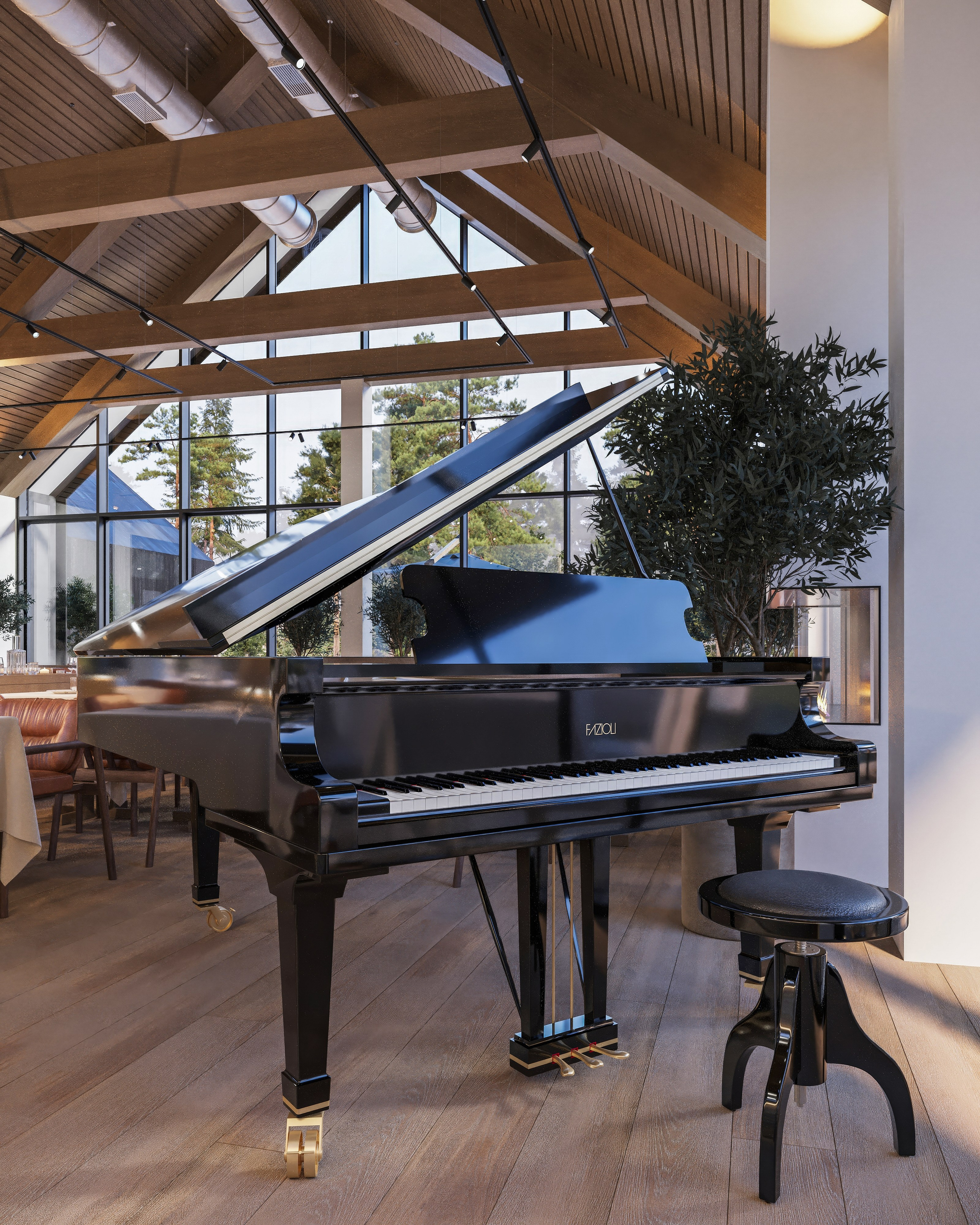 3D-визуализация интерьера ресторана, светлый зал, деревянный потолок, сервировка, музыка