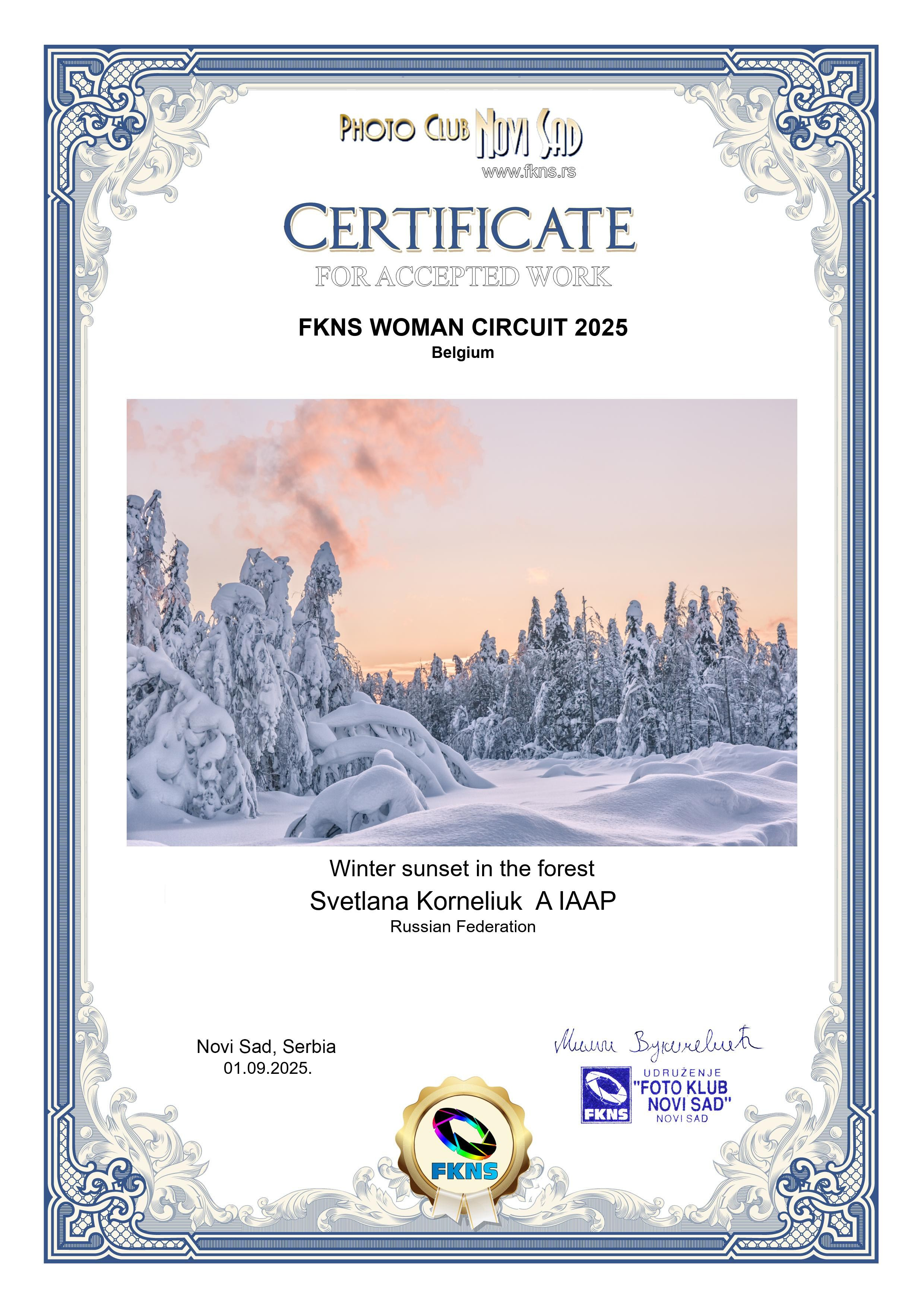 Сертификат с результатами участия в международном конкурсе FKNS WOMAN CIRCUIT 2025