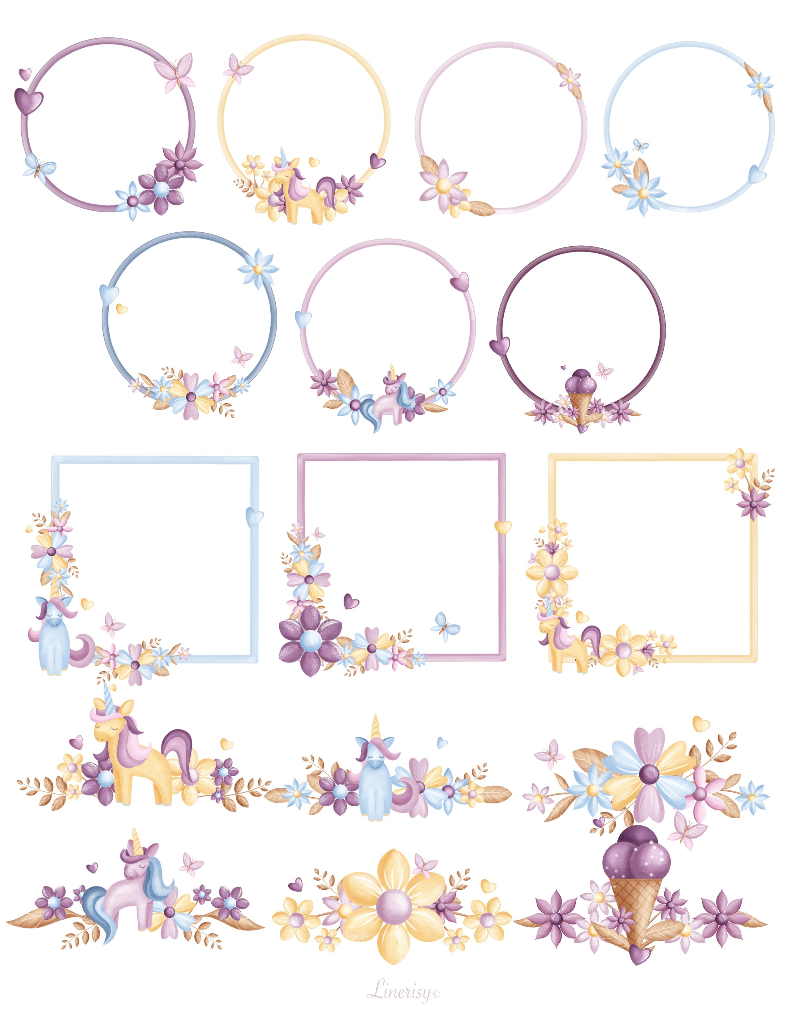 Коллекция «Весна» — графические элементы, иллюстрации, бесшовные паттерны, рамки и бордюры. Художник-иллюстратор Евгения Бекренёва