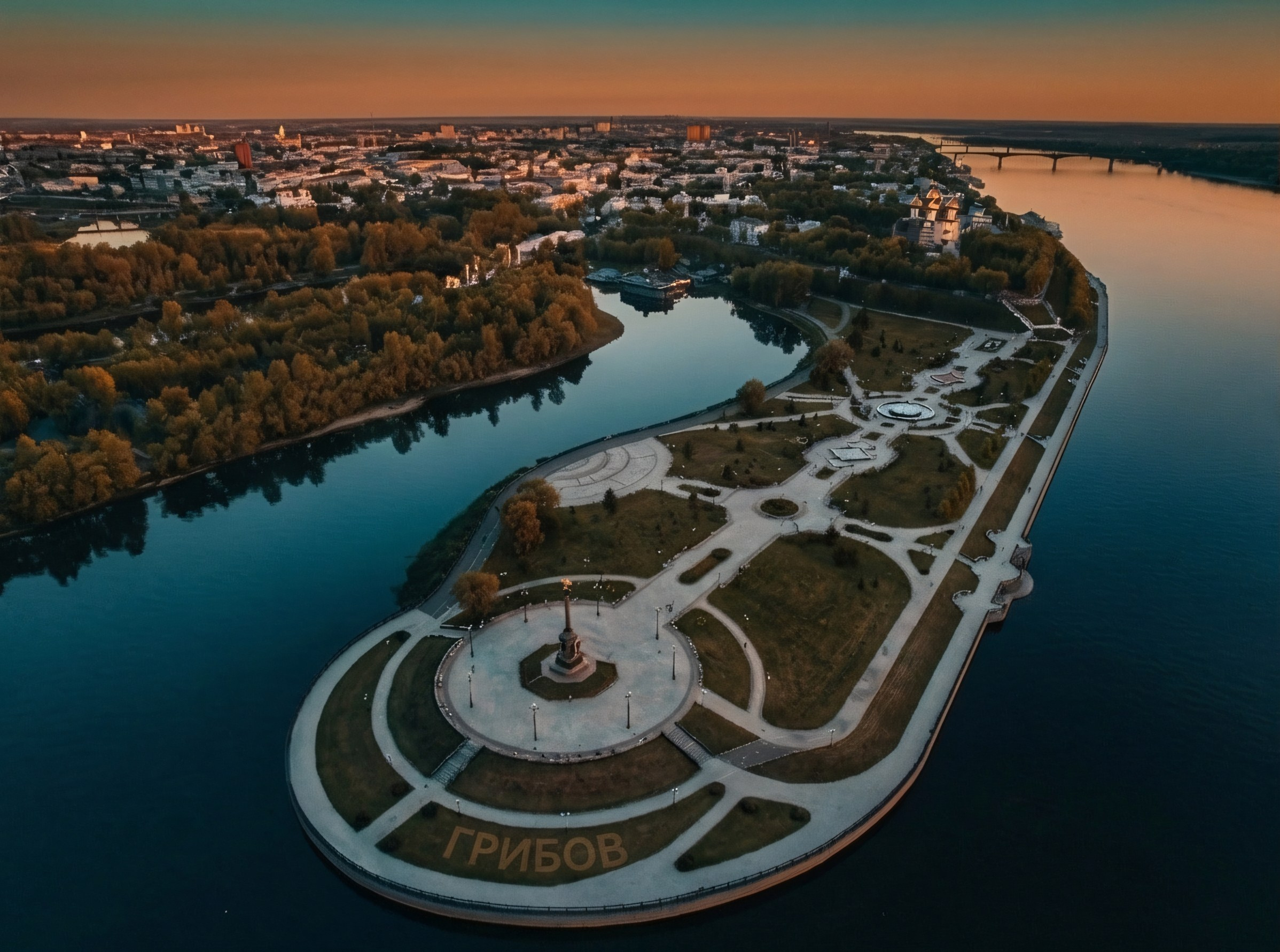 Аэросъёмка Ярославль, Стрелка, Успенский собор закат над Волгой, Волга, Которосль