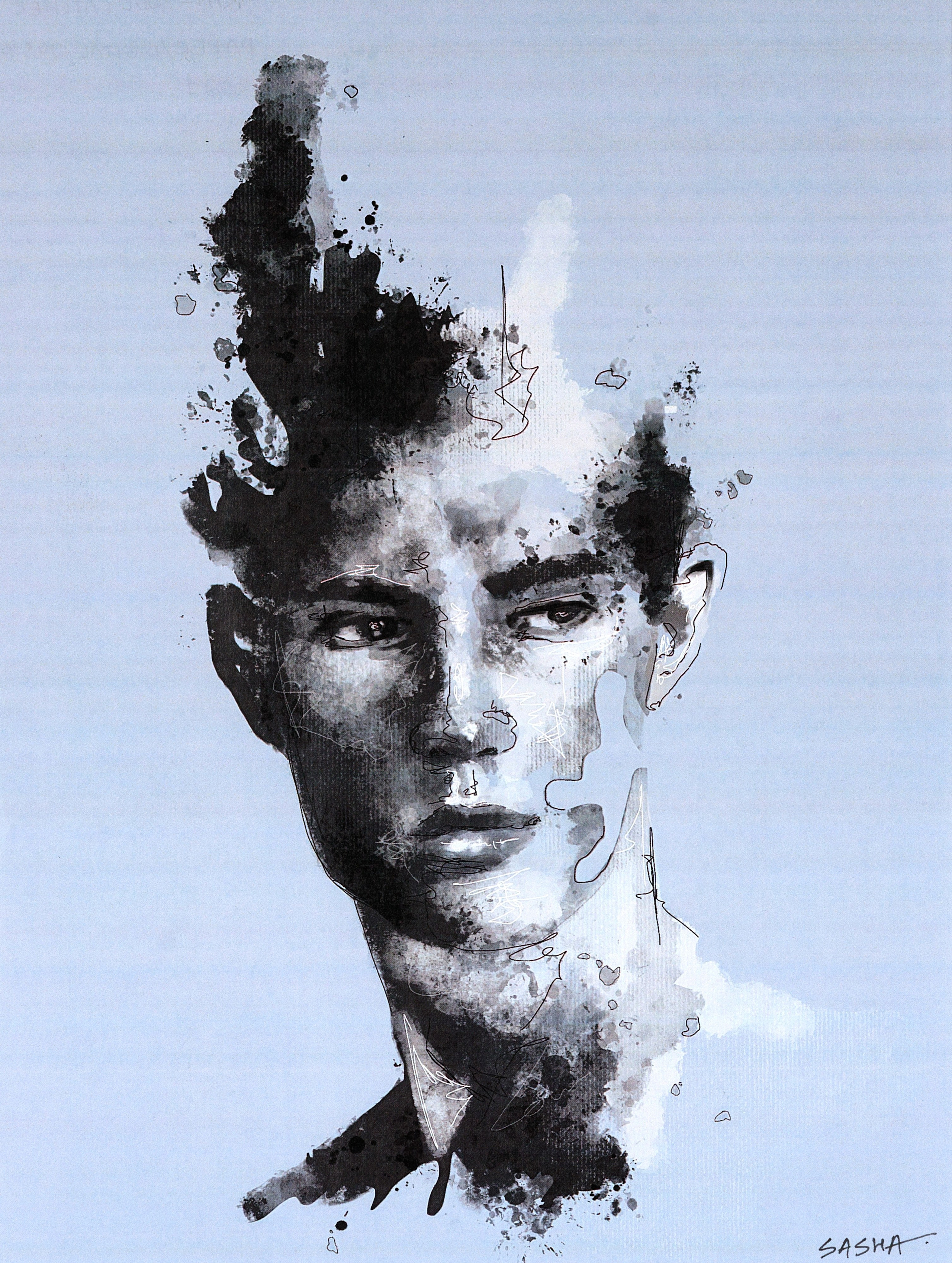 портрет парня в серой гамме, будто бы расплывающийся