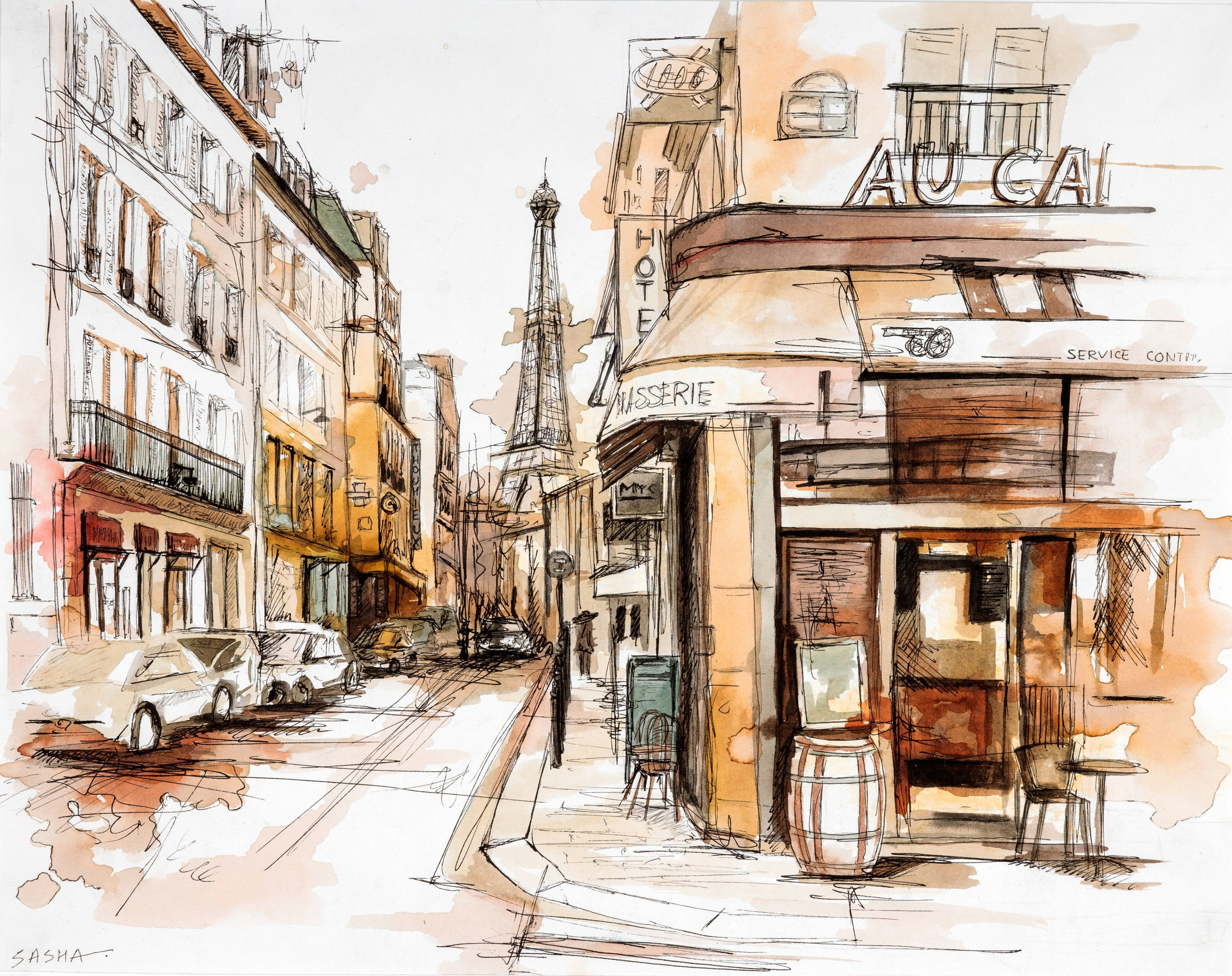 Париж, вид на Эйфелеву башню с кафе на улице