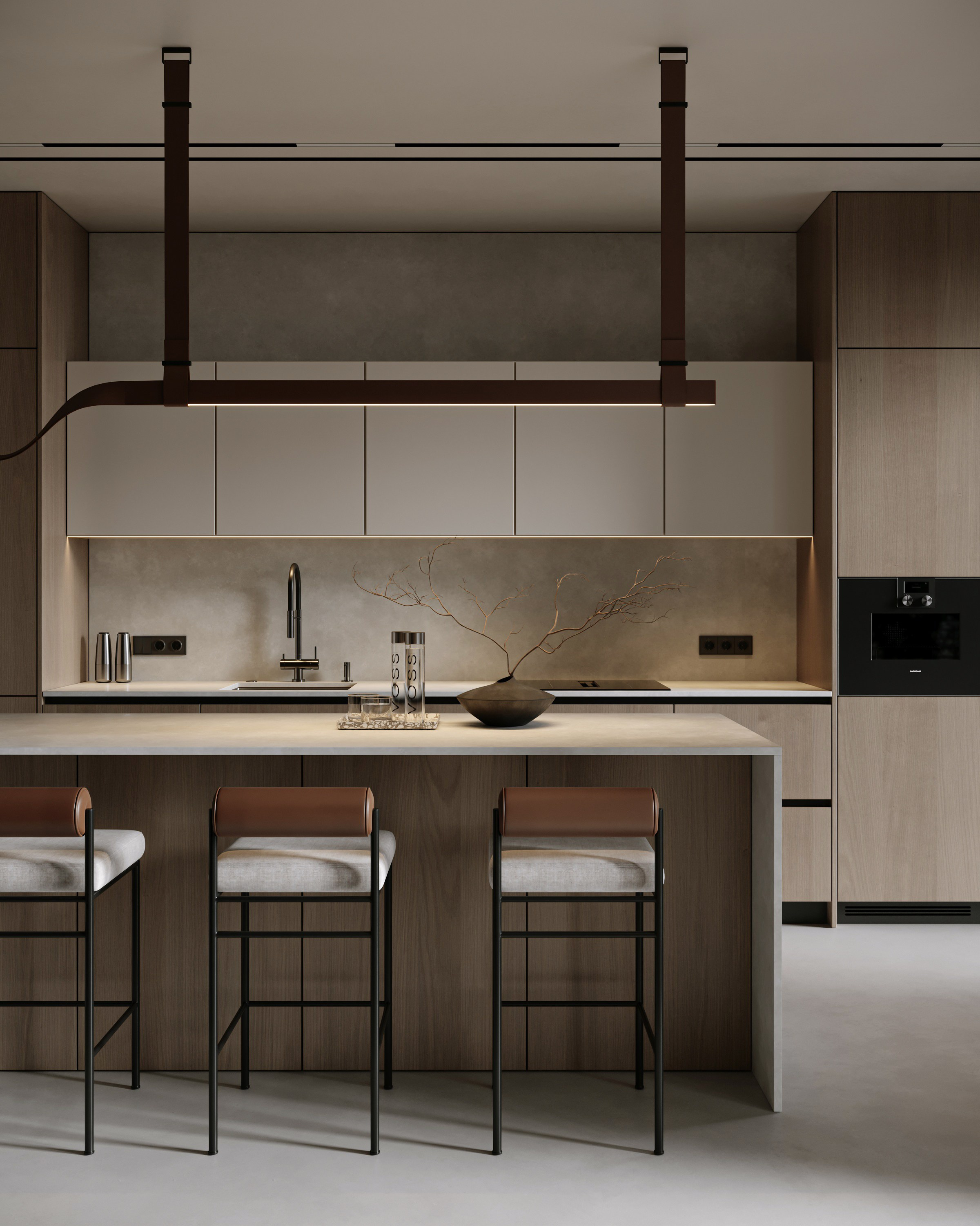 Современная кухня-гостиная с островом и барным стульями