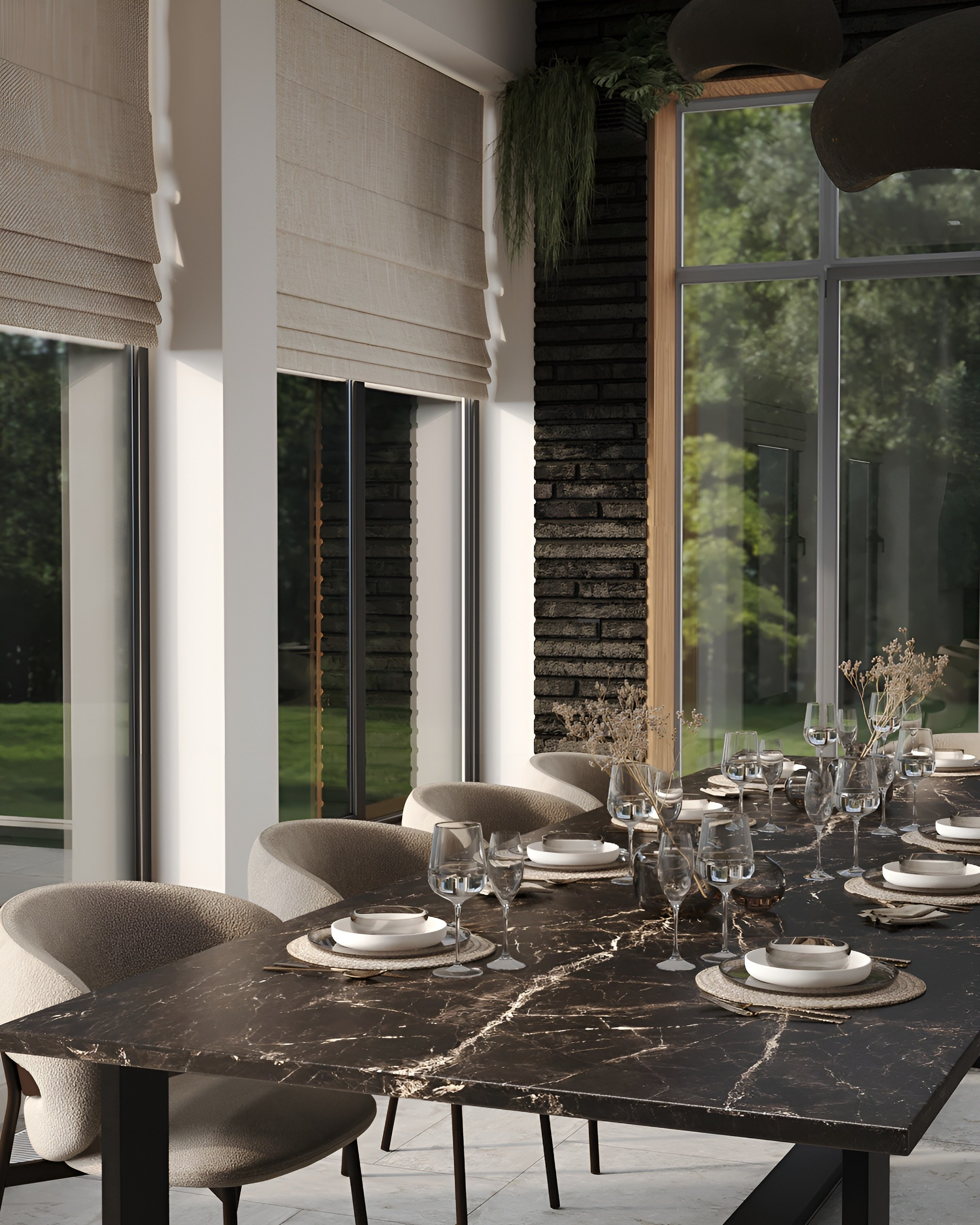 Терраса в загородном доме с камином. 3D Визуализация интерьеров жилых и коммерческих помещений