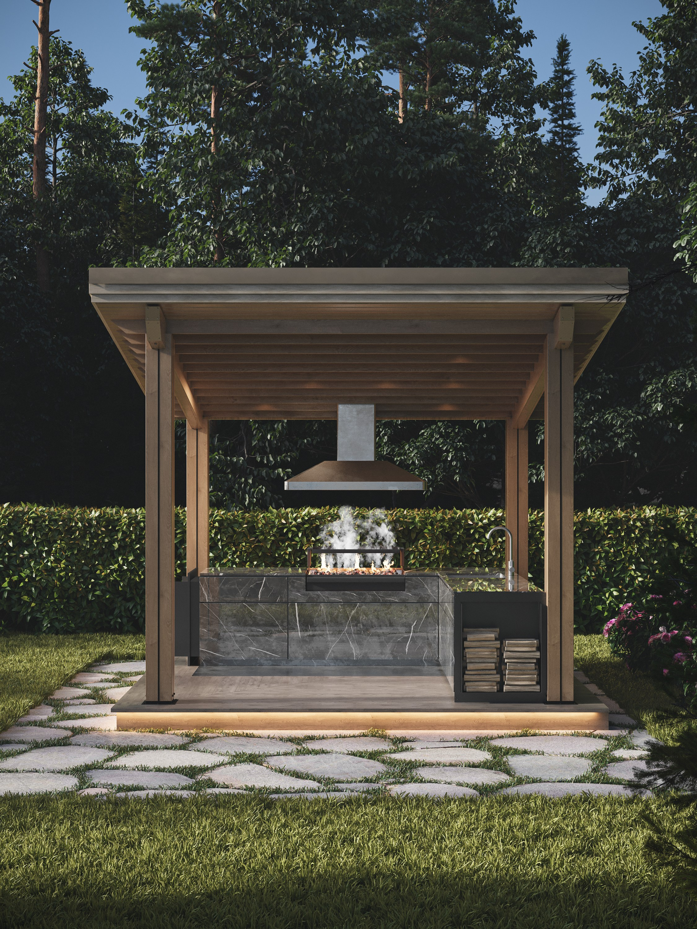 Беседка с грилем. 3D визуализация интерьера и архитектурной среды