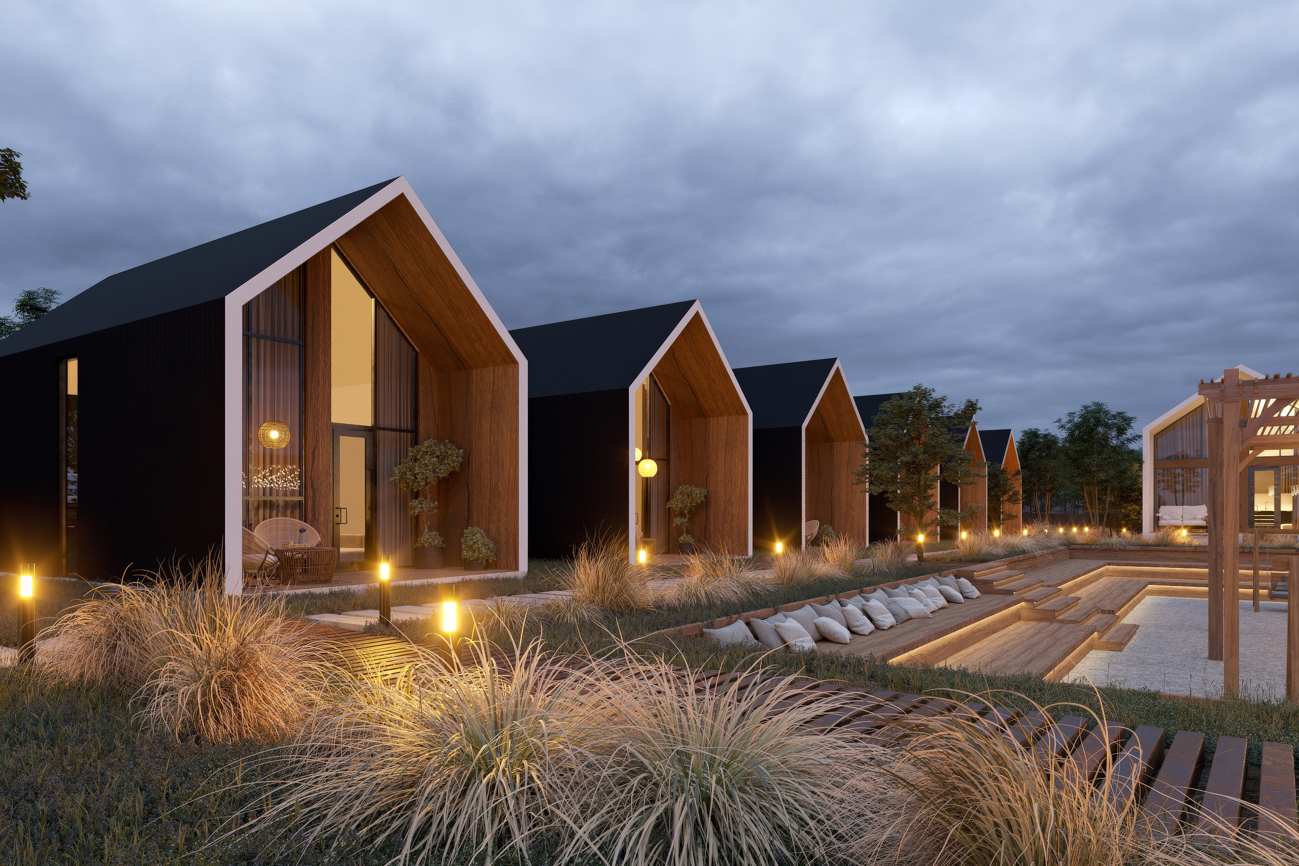 Визуализация глэмпинг-домиков в сумерках с внутренним освещением и уличной подсветкой