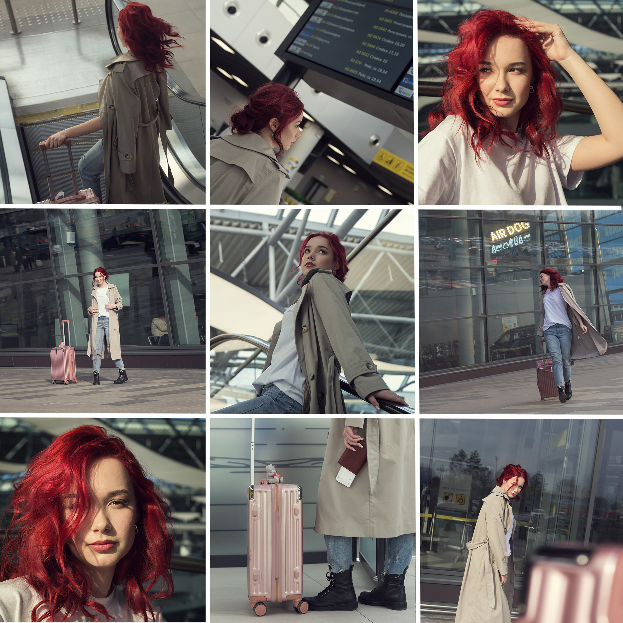 Коллаж, съёмка в аэропорту. Ярко-рыжая молодая девушка улетает одна.