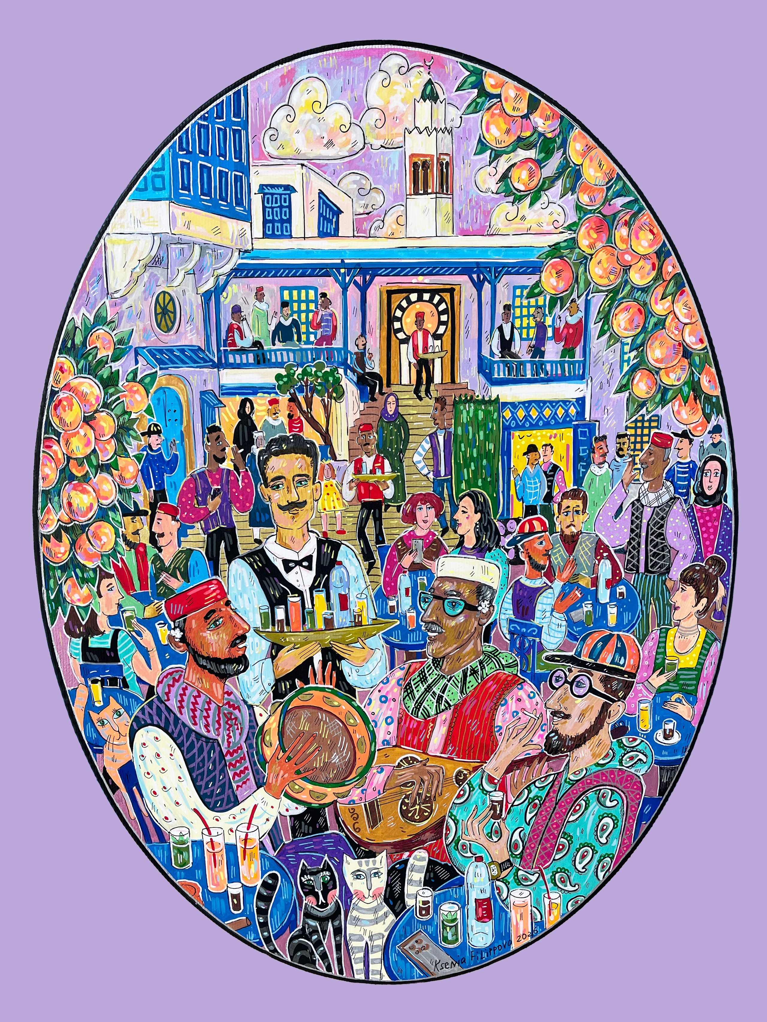 Café des Nattes, acrylic markers and ink on canvas, 40 × 30 cm (oval), 2025