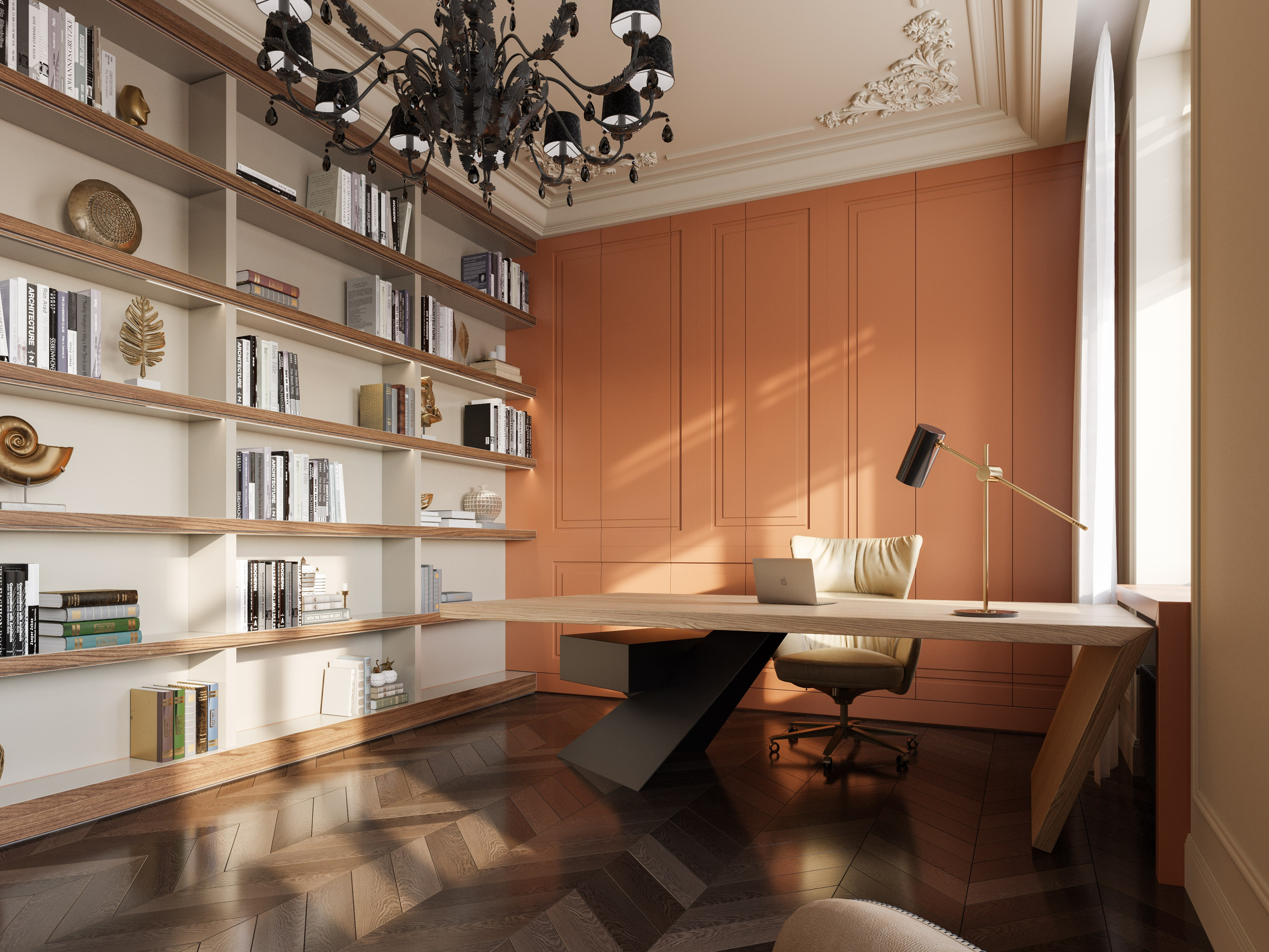 Визуализация домашнего кабинета-библиотеки в двухэтажной квартире, стеллажи во всю стену.