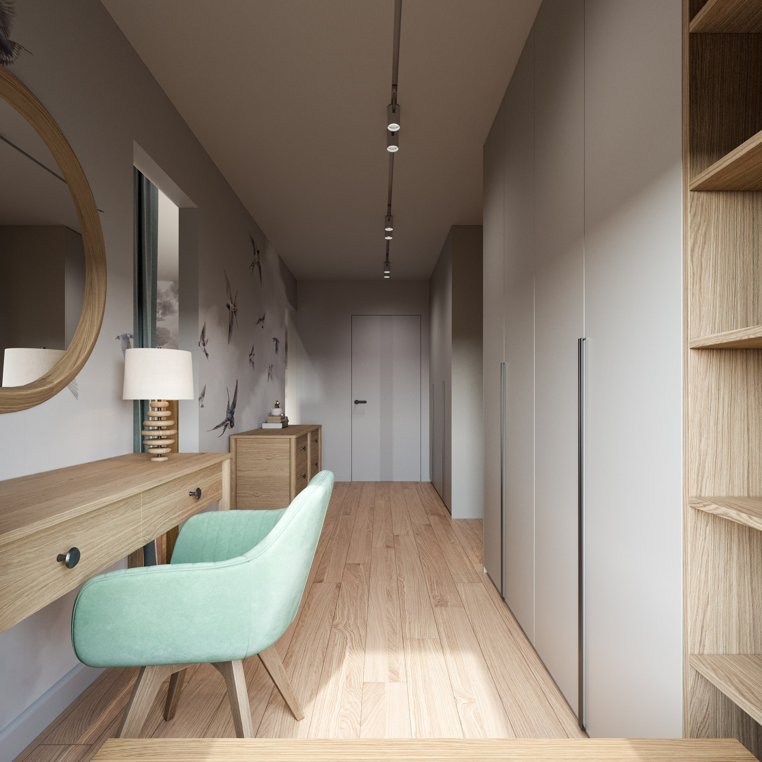 Рабочая зона и гардеробная за спальней