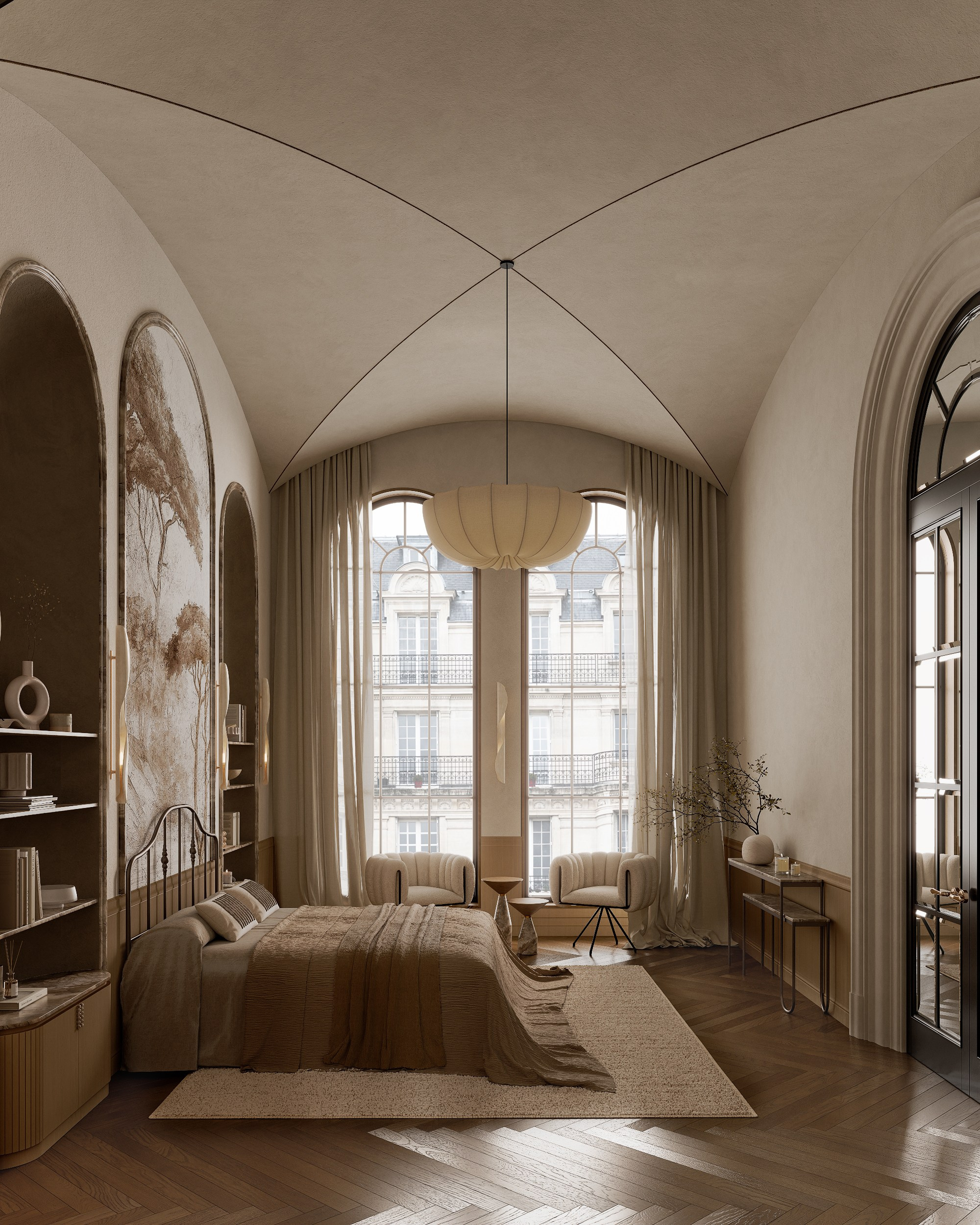 Bedroom interior in the spirit of neoclassicism and minimalism. Solovets visualization