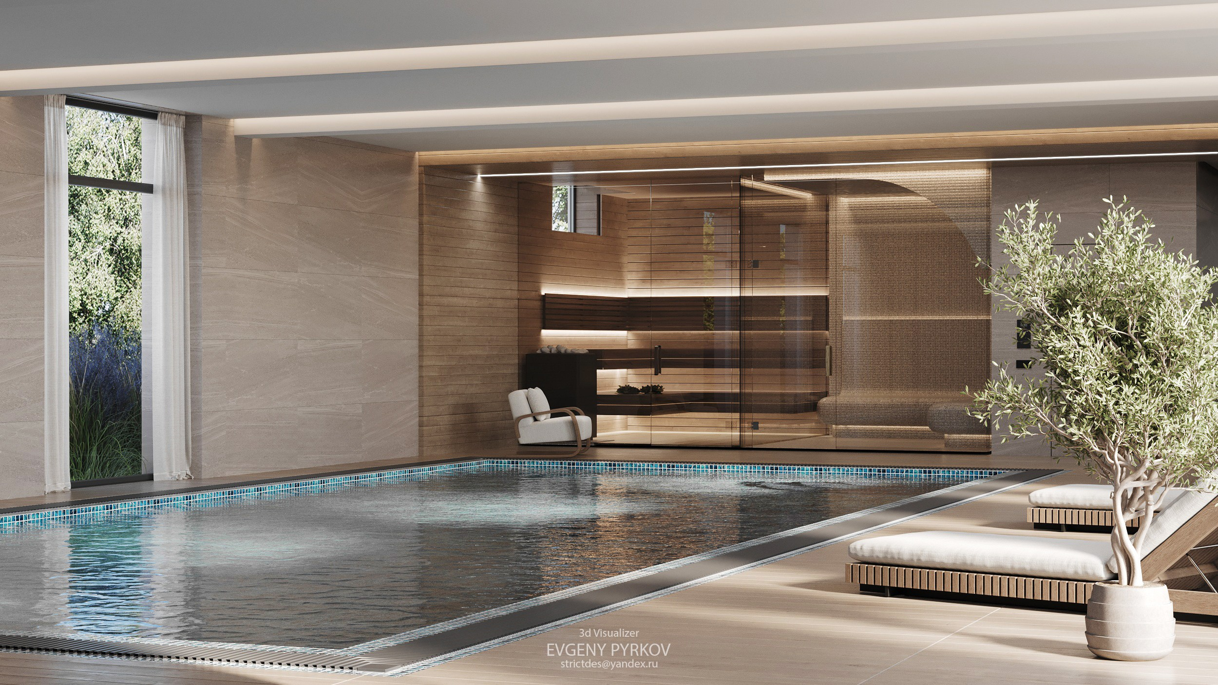 Бассейн со спортзалом, хамамом и сауной в большом доме. Евгений Пырков — 3d визуализатор интерьеров и экстерьеров России