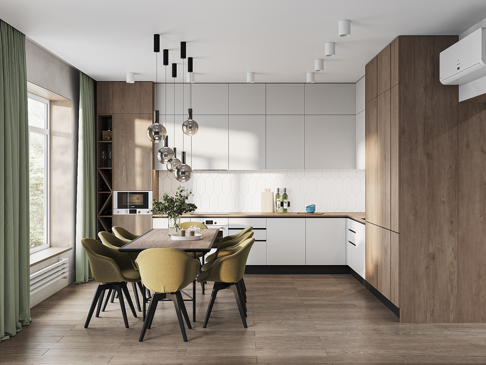 Просторная кухня-гостиная в стиле лофт с большими окнами и стильными светильниками