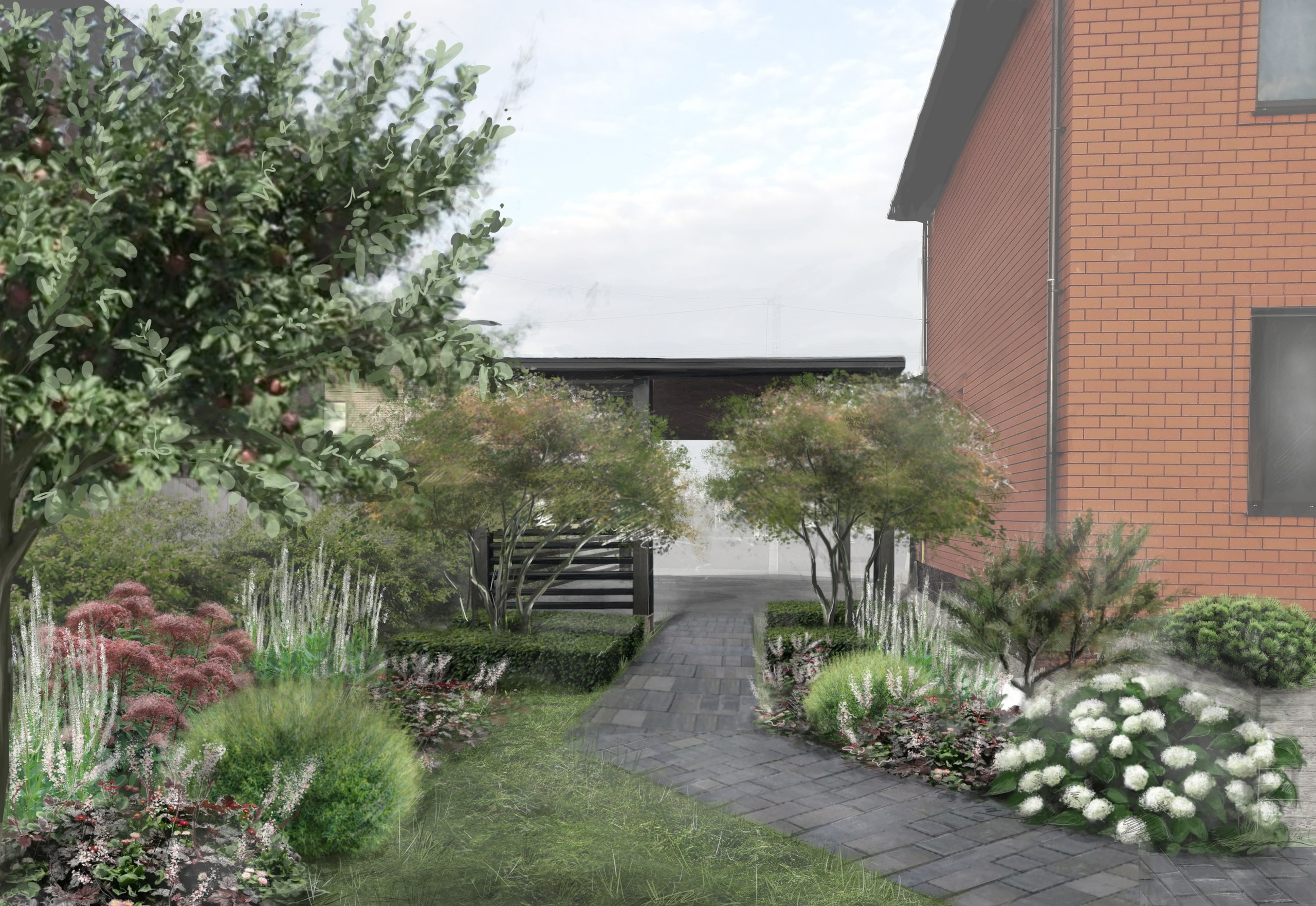 визуализация вида на парковку из сада