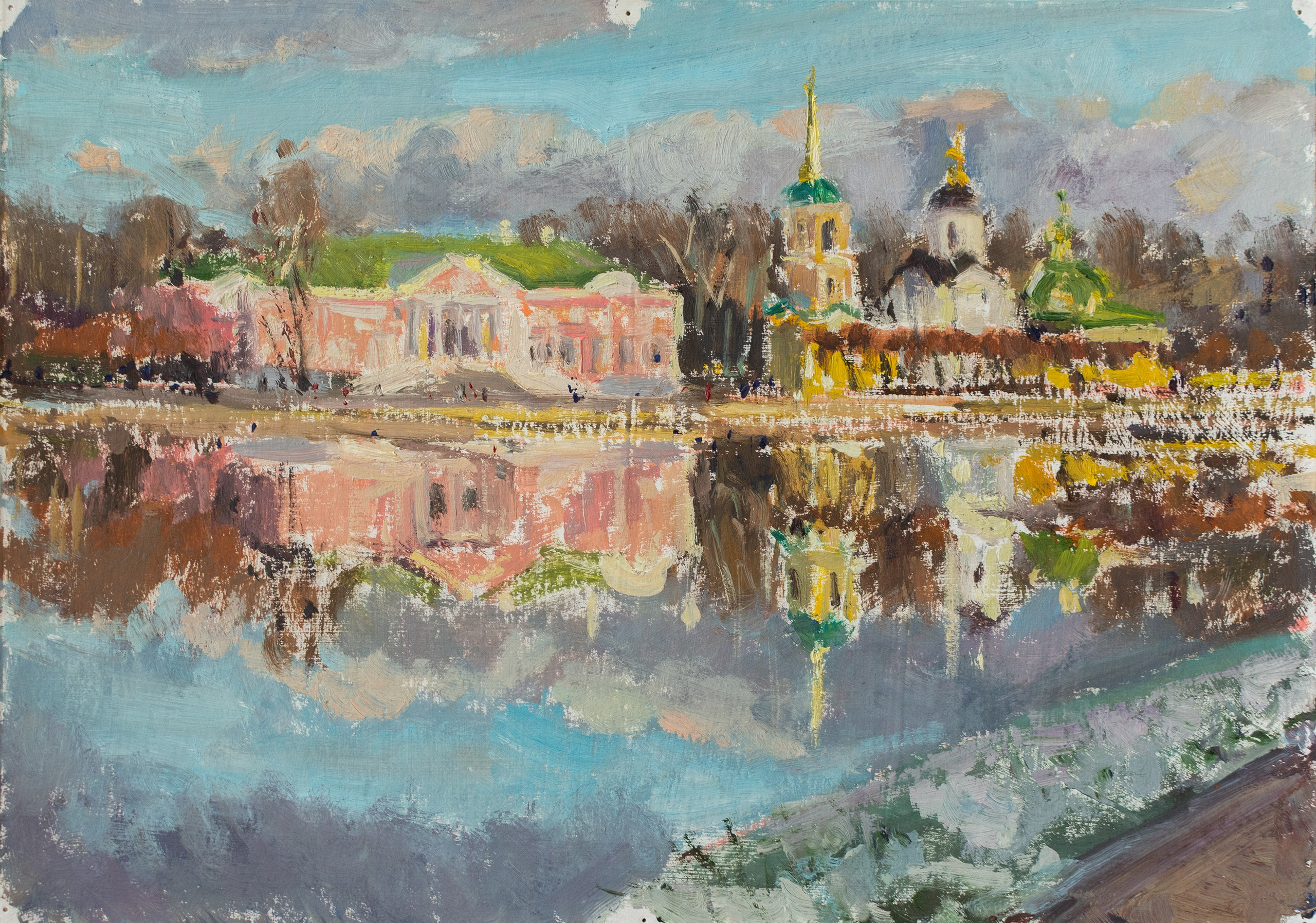 "Этюд. Первый снег в Кусково" картон, масло 25х35см, 2025 не продается