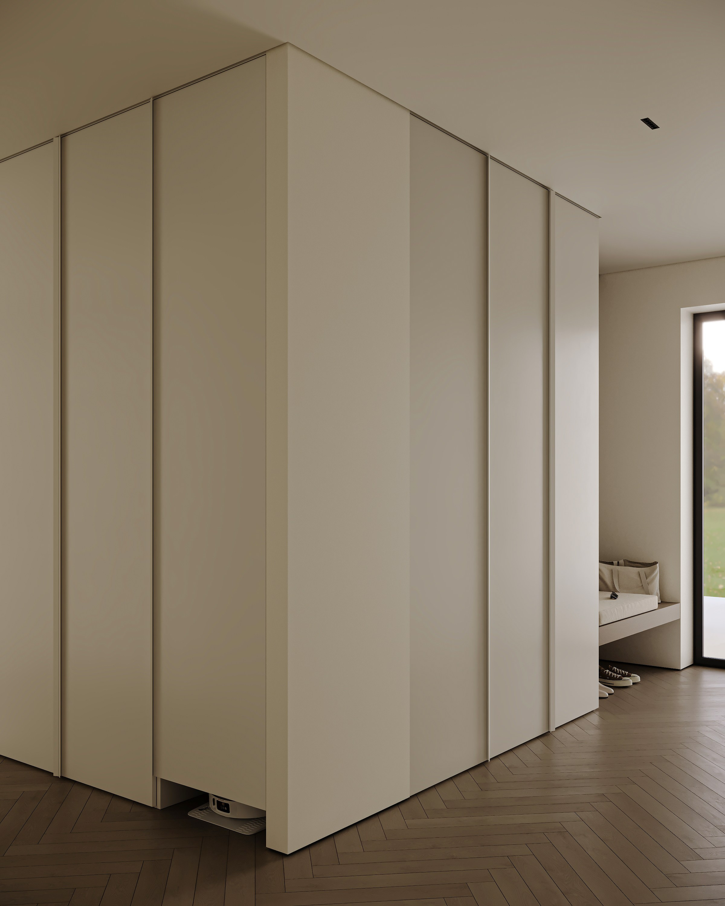 Светлая прихожая в частном доме со скрытыми системами хранения