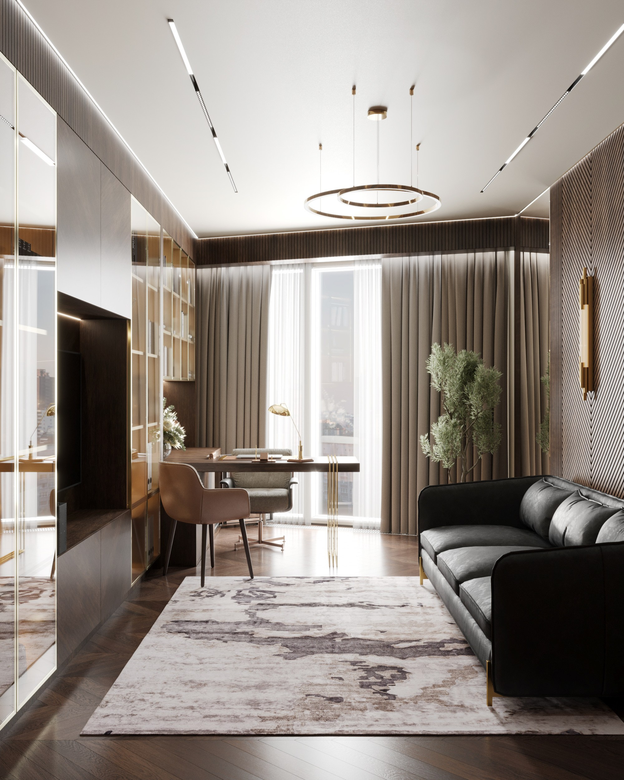 Кабинет с большим окном, рабочим столом у стены и кожаным диваном 