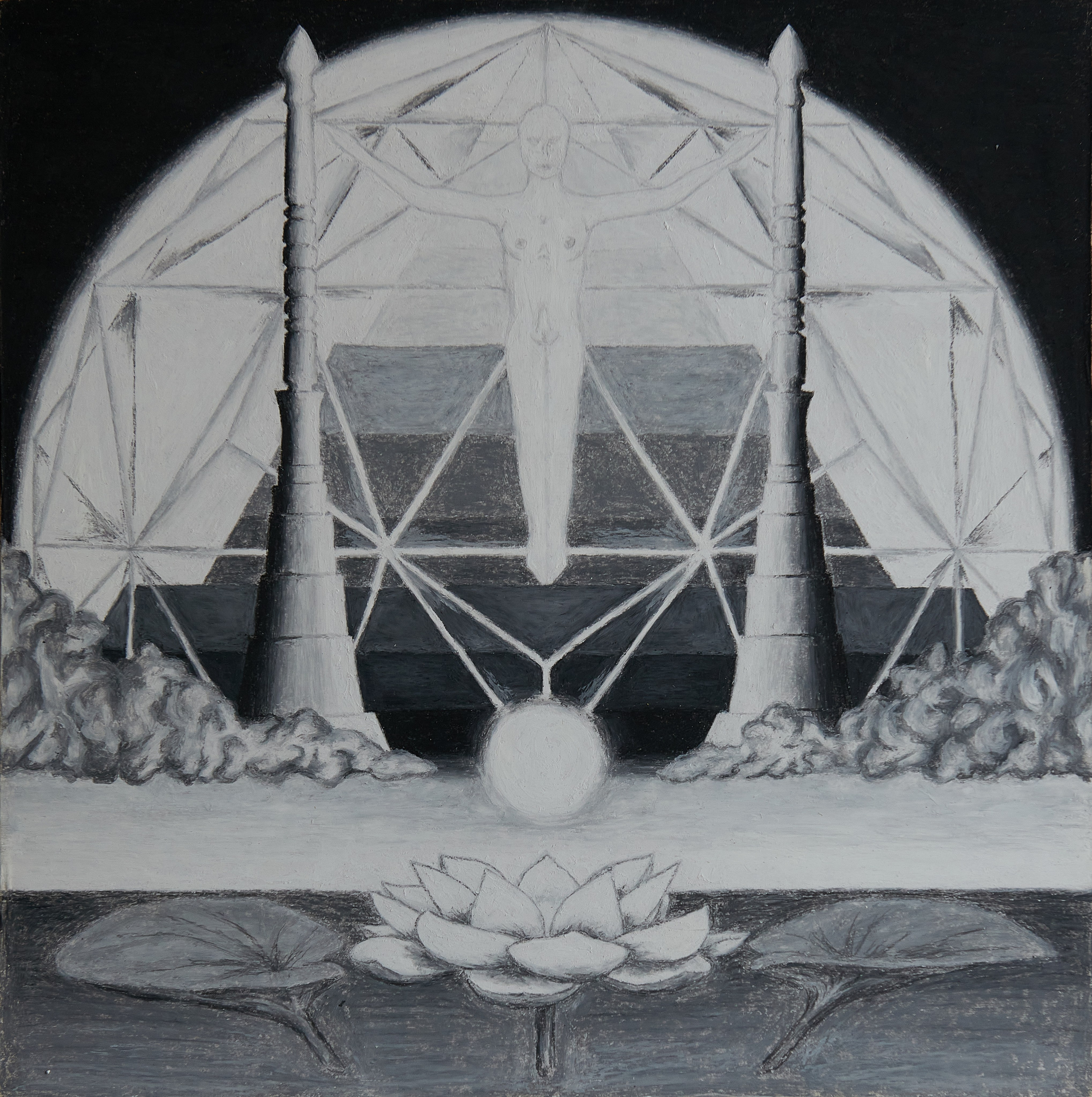 Унисон Со Вселенной. Космическое сознание легко парит за солнцем, освещающим пресные воды земного высыхания под пирамидой трансмутации энергий.Солнце свободно совмещено с осью звёздчатого икосододекаэдра этой вселенной, находясь в позиции резонанса между (акустических) башен камертона космического порядка гармонизации себя – сути.Чистое сознание выше земного солнца и вне структуры обусловленного космоса – оно ось самого себя вне пространства и времени (собственной космической вечности). Год создания: 2005 г.