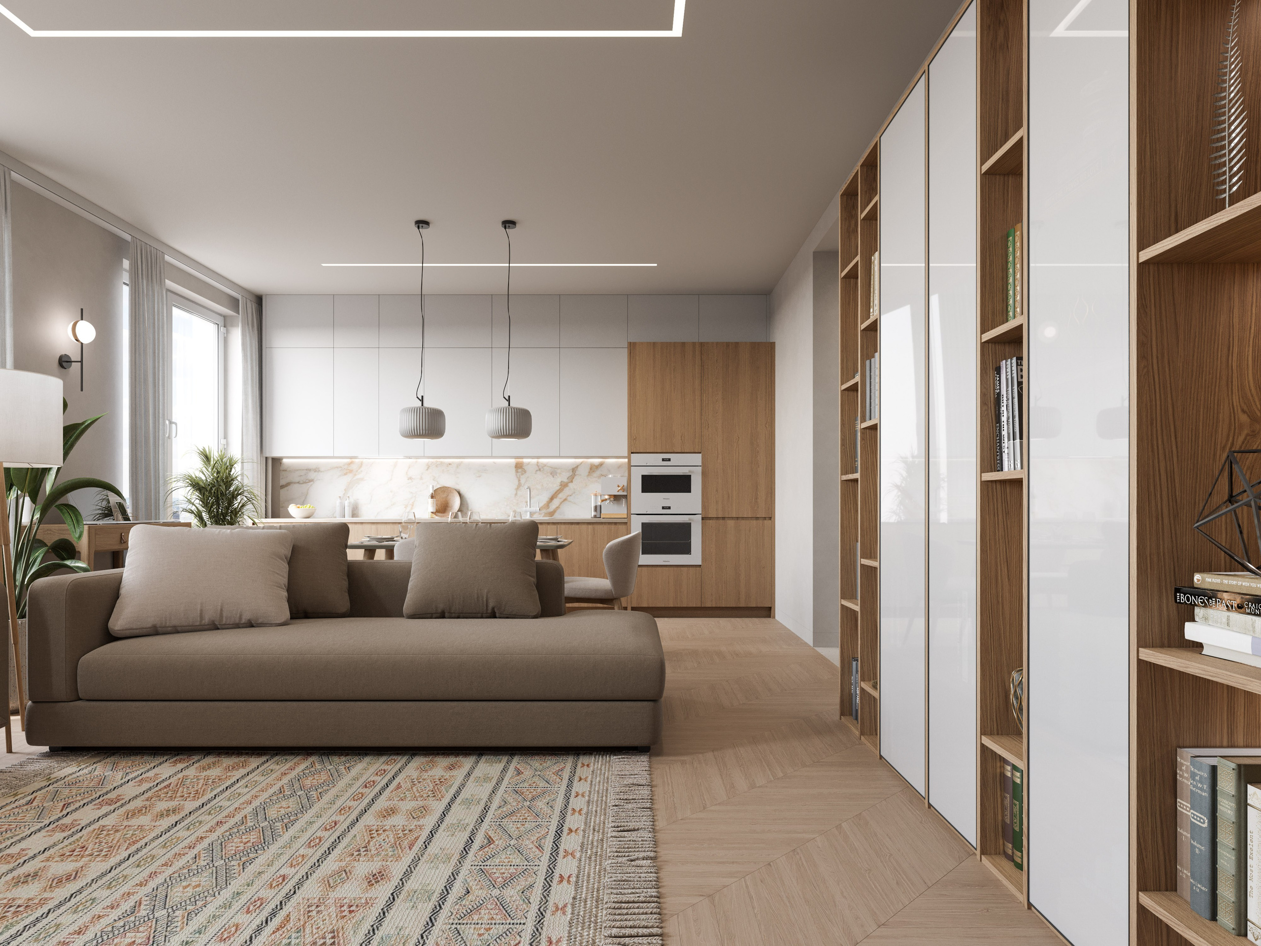 Светлая гостиная в пастельных тонах с пестрым ковром и минималистичной мебелью - 3D рендер