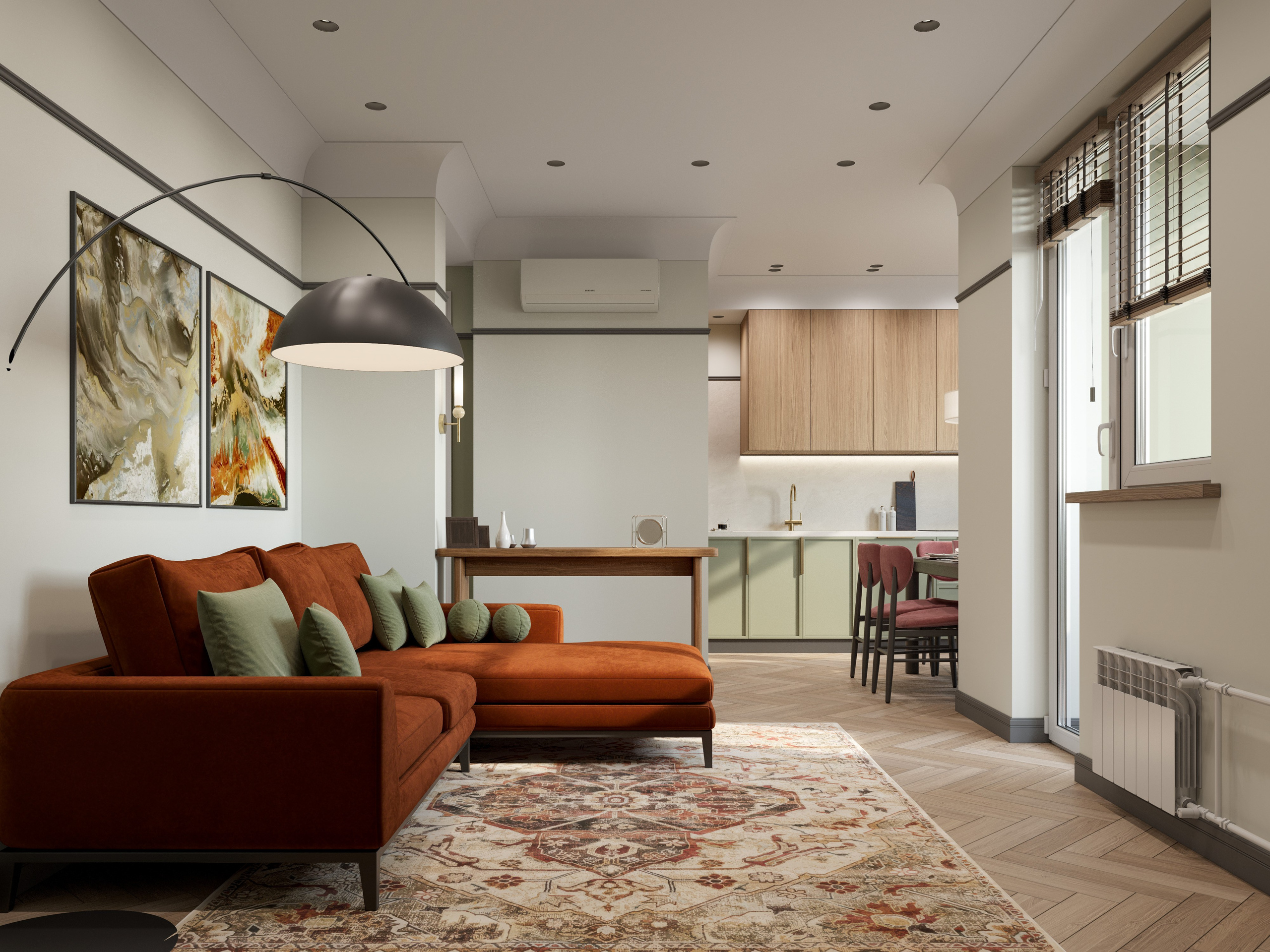 Интерьер квартиры в теплых тонах с элементами классики и современной мебелью