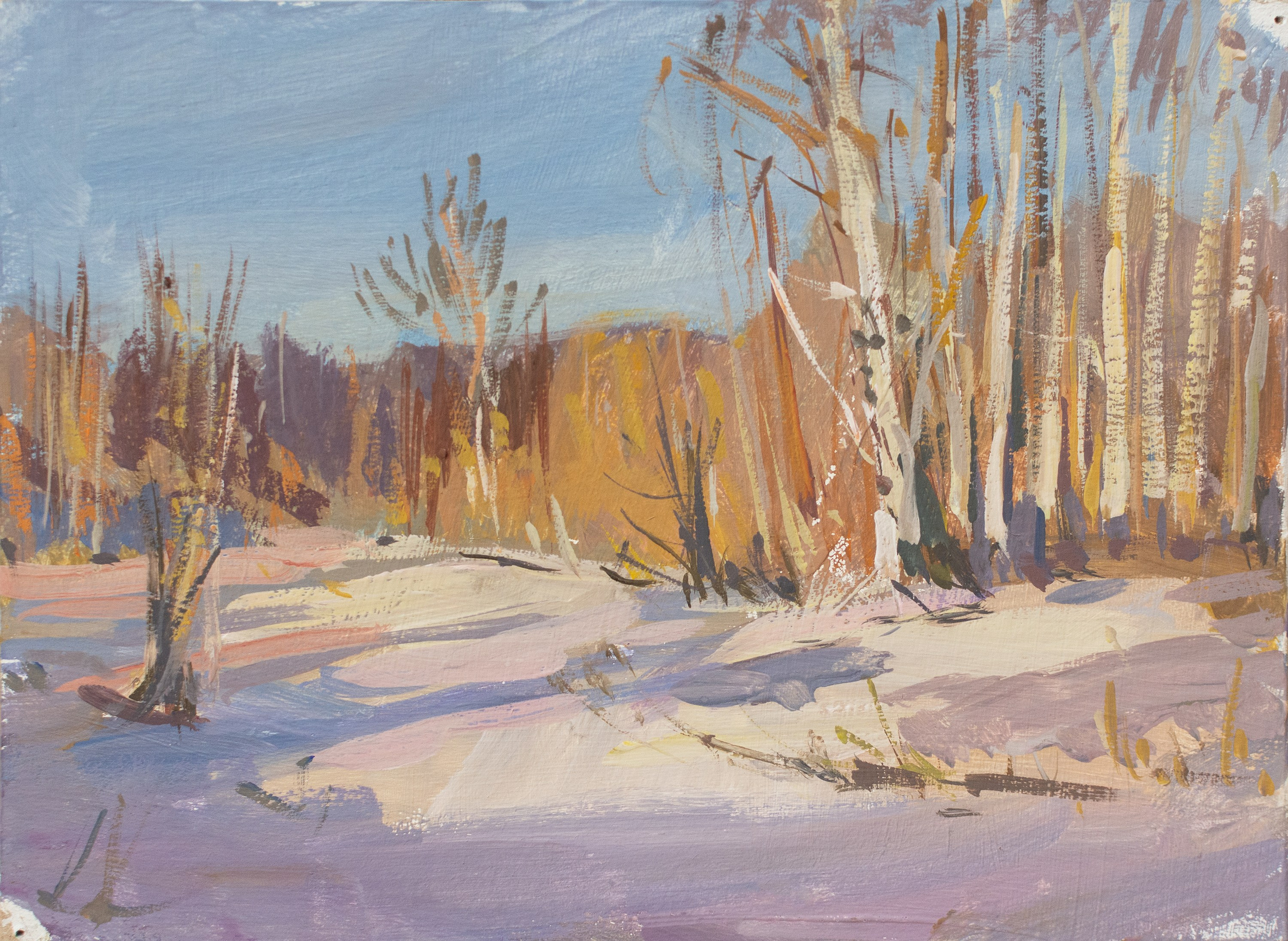 "Evening light. Etude" cardboard, tempera 14x20cm, 2026 not for sale