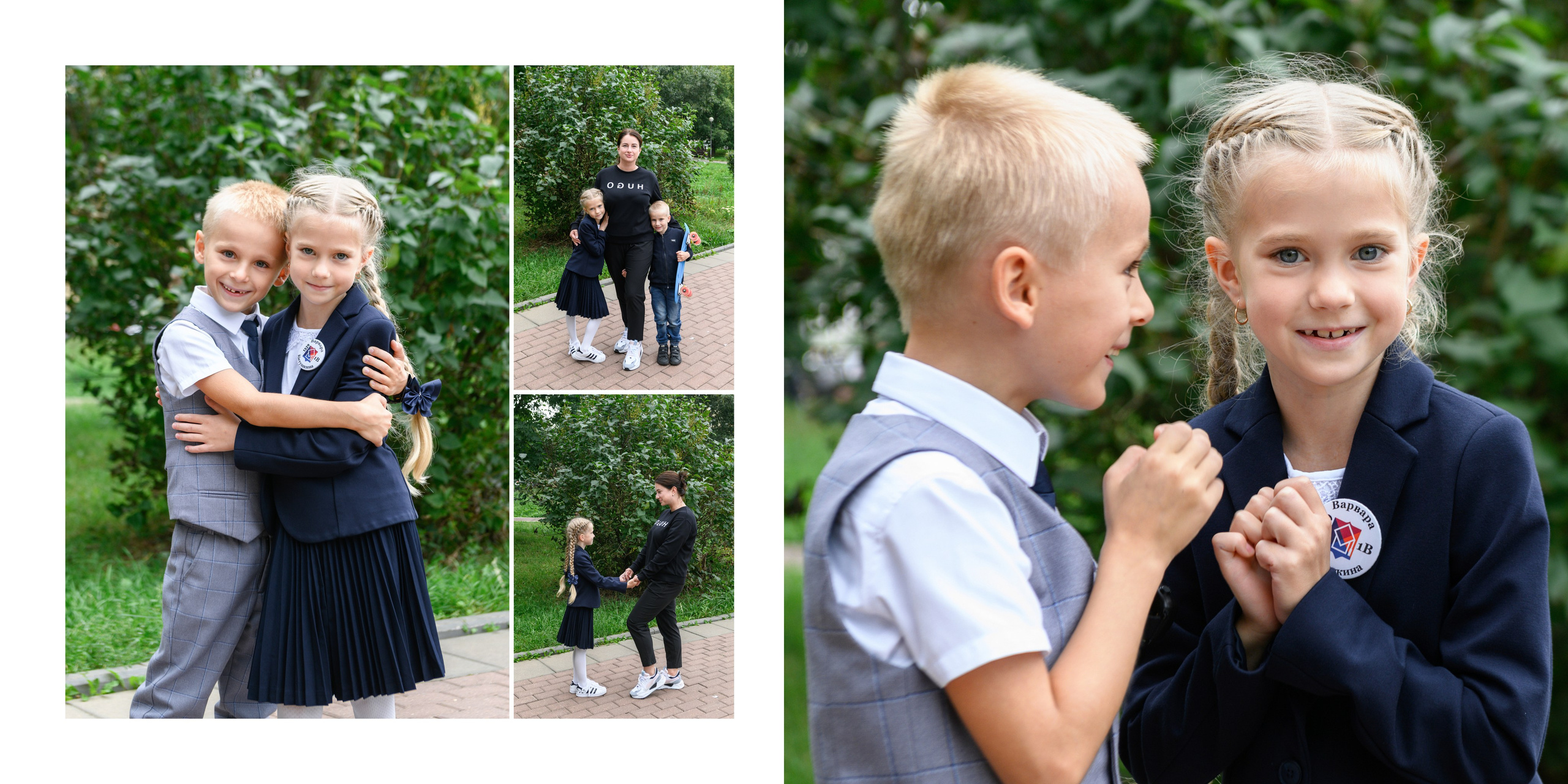 Разворот фотокниги: школьники на фоне зелени и крупный дружеский кадр двух учеников крупным планом.